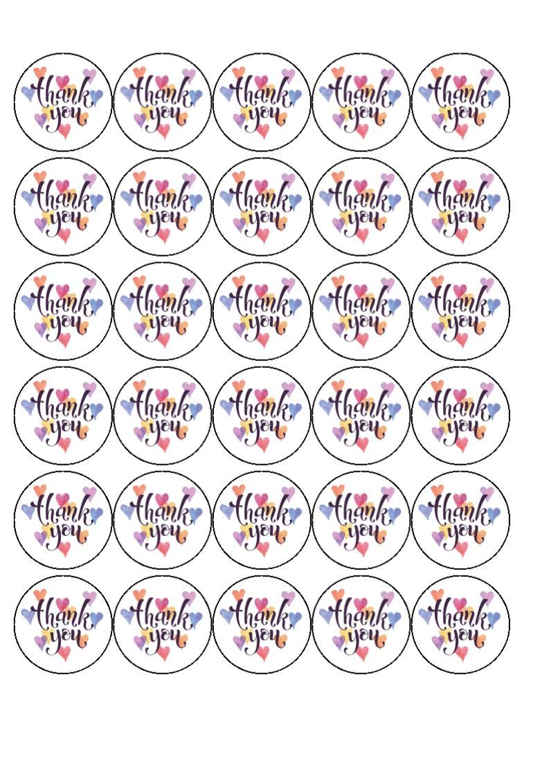 30 x Thank You 1.5" (3.8cm) PRE-Cut Icing Discs Edible Cake Toppers