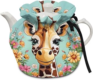 Insulated Tea Cosy for Small Teapot Cartoon Giraffe Tea Pot Dust Cover Keep Warm Tea Cozy Knitted Kitchen Kettle Cloth Cover with Adjustable Drawstring