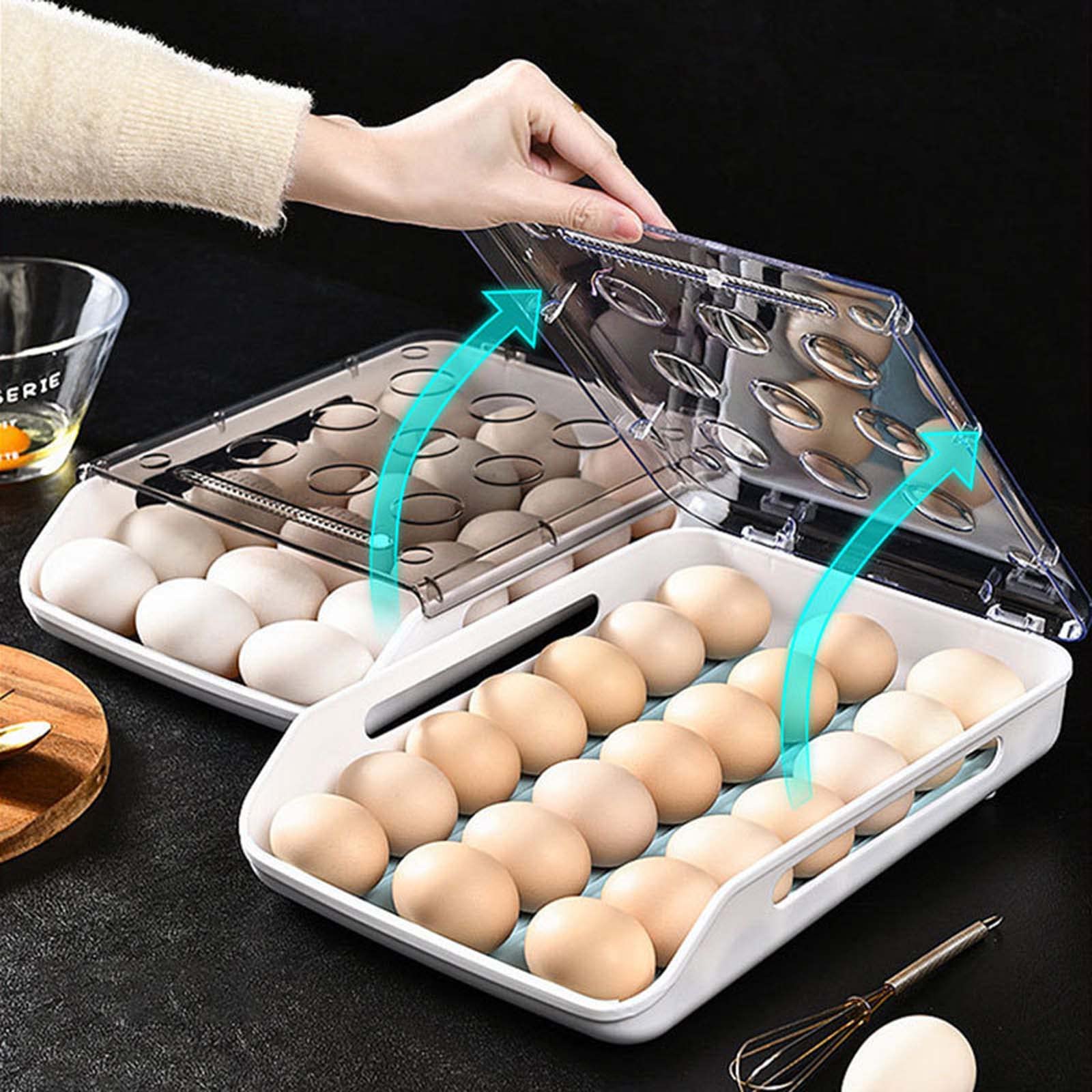 Soporte para huevos para refrigerador, contenedor de almacenamiento con ruedas automáticas, tapa transparente, cajón, bandeja de huevos, organizador de nevera, hogar