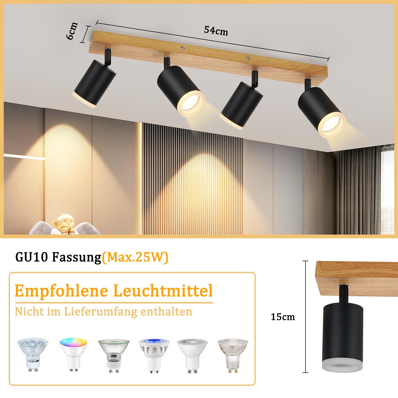 Glitzerlife Plafondspot 3-vlams plafondlamp hout - plafondlamp vintage E14 stoffen kap retro draaibaar 350° plafondspot MAX.25W hal keuken slaapkamer woonkamer, zonder lamp