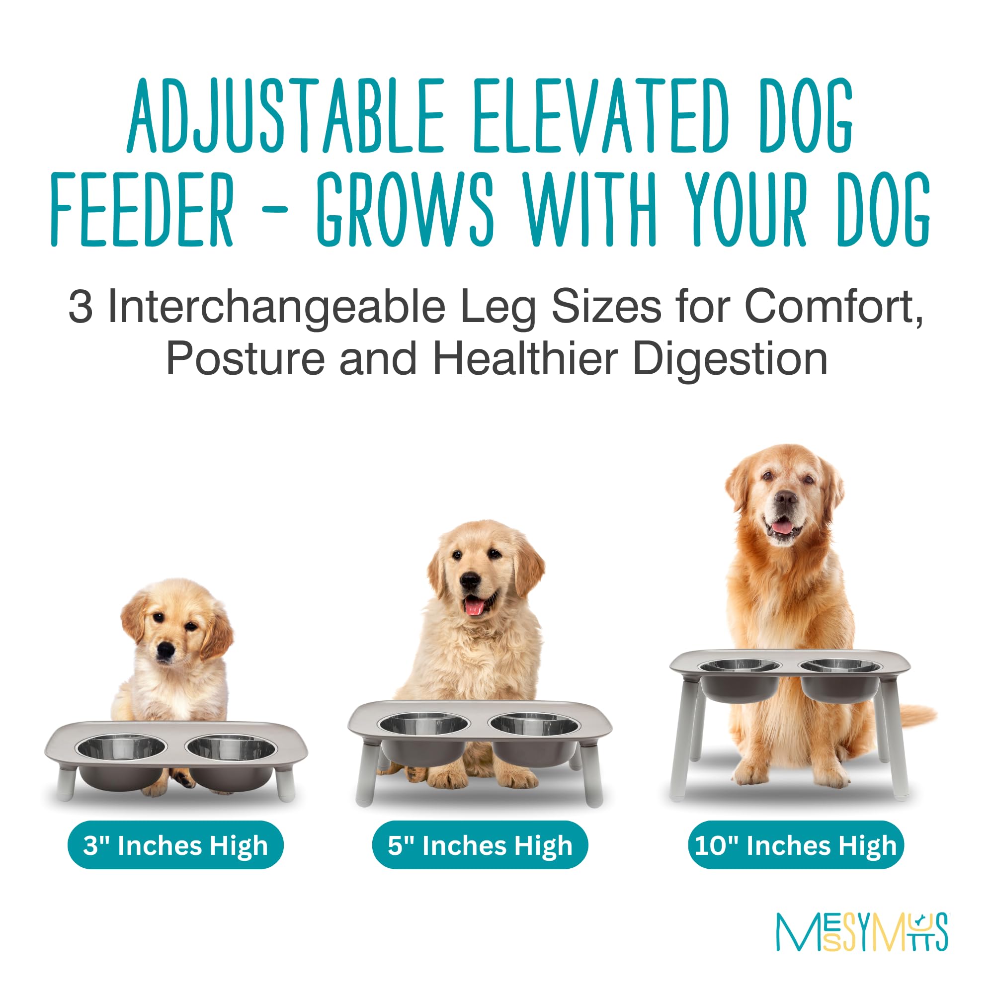 Messy Mutts Comedero doble elevado con cuencos de acero inoxidable, altura ajustable de 3, 5 o 10 pulgadas, comedero de pie ajustable para perros, 5 tazas por cuenco, gris oscuro