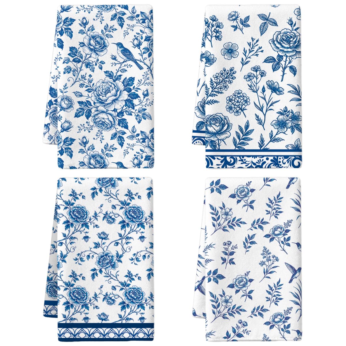 MAYJOYDIY 4 Pcs Blue Flowers & Birds Kitchen Towels Chinoiserie Style Microfiber Dish Towel 66 × 45 cm Branches Absorbent Tea Dish Cloth for Kitchen Bathroom Bar Sports Housewarming