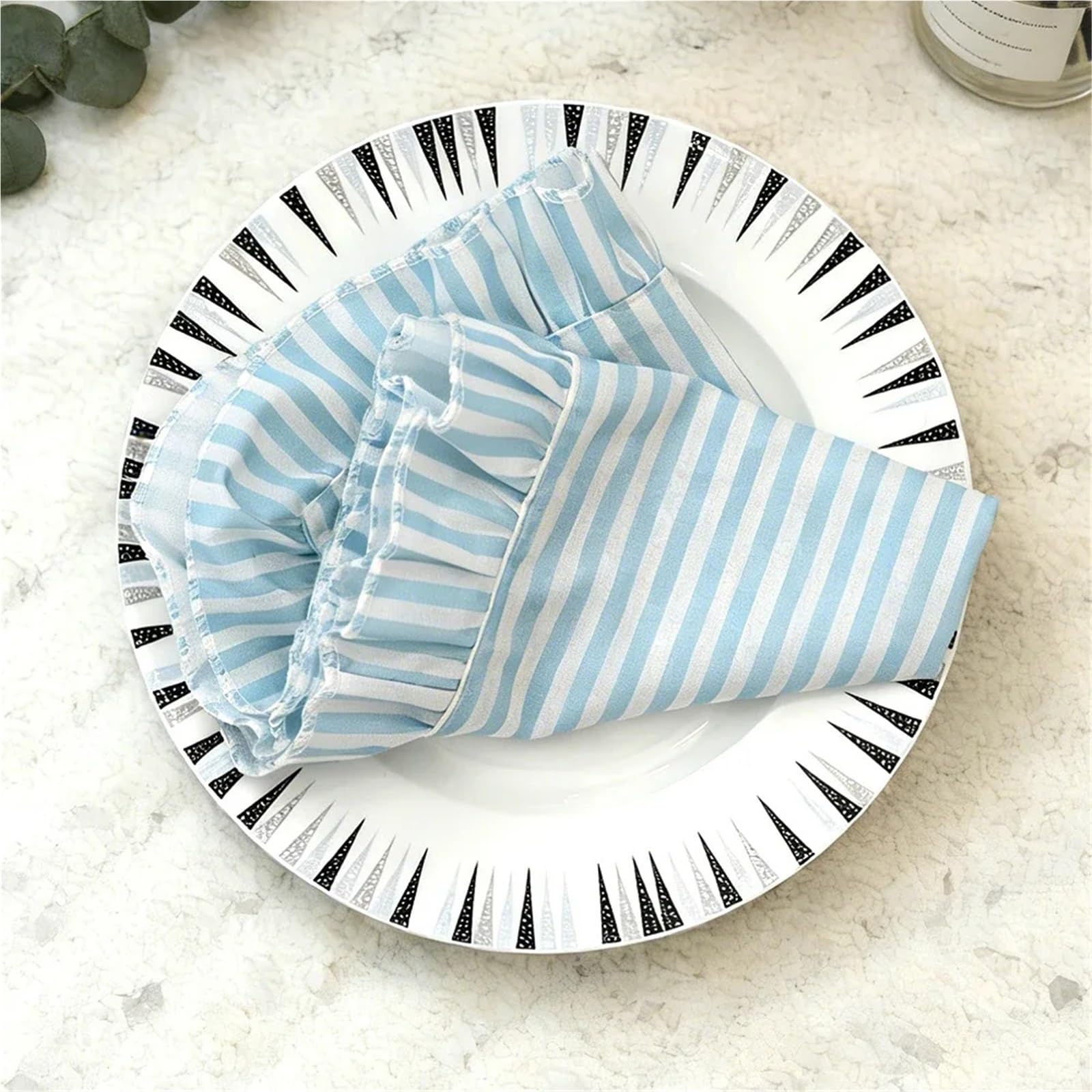 Mantel Individual con Volantes a Rayas Blancas y Azules de Tela
