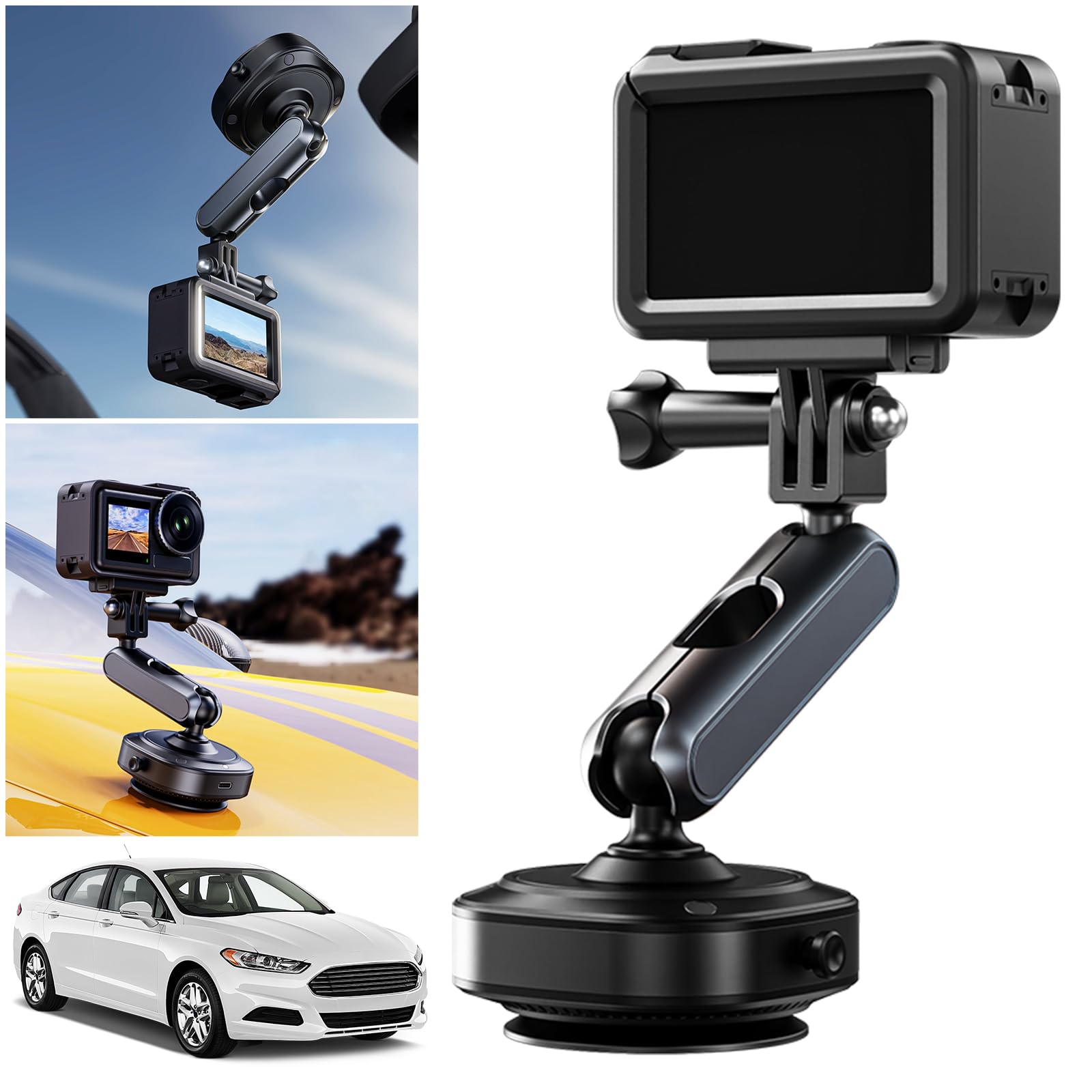 Uchwyt samochodowy na kubek 360, regulowany uchwyt na kamerę sportową na przednią szybę do DJI/Insta360/GoPro kamera sportowa