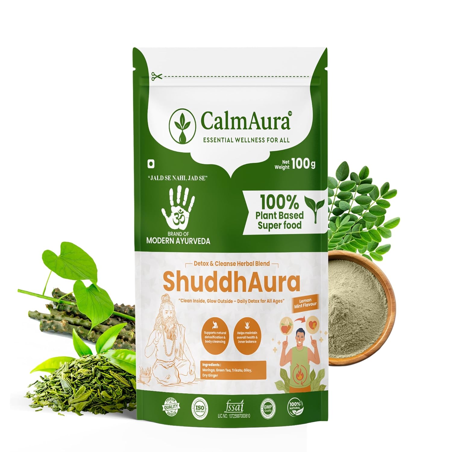 CalmAura ShuddhAura Ayurvedic Detox Powder 100g | Lemon Mint Flavor | Liver Cleanse Immunity Booster Energy Herbal Wellness Drink with Moringa Green Tea Giloy Trikatu Dry Ginger | Vegan