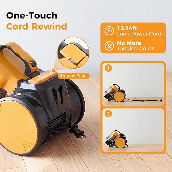 NEWBULIG Canister Vacuum Cleaners for Home, Bagless Vacuum Cleaner, Yellow