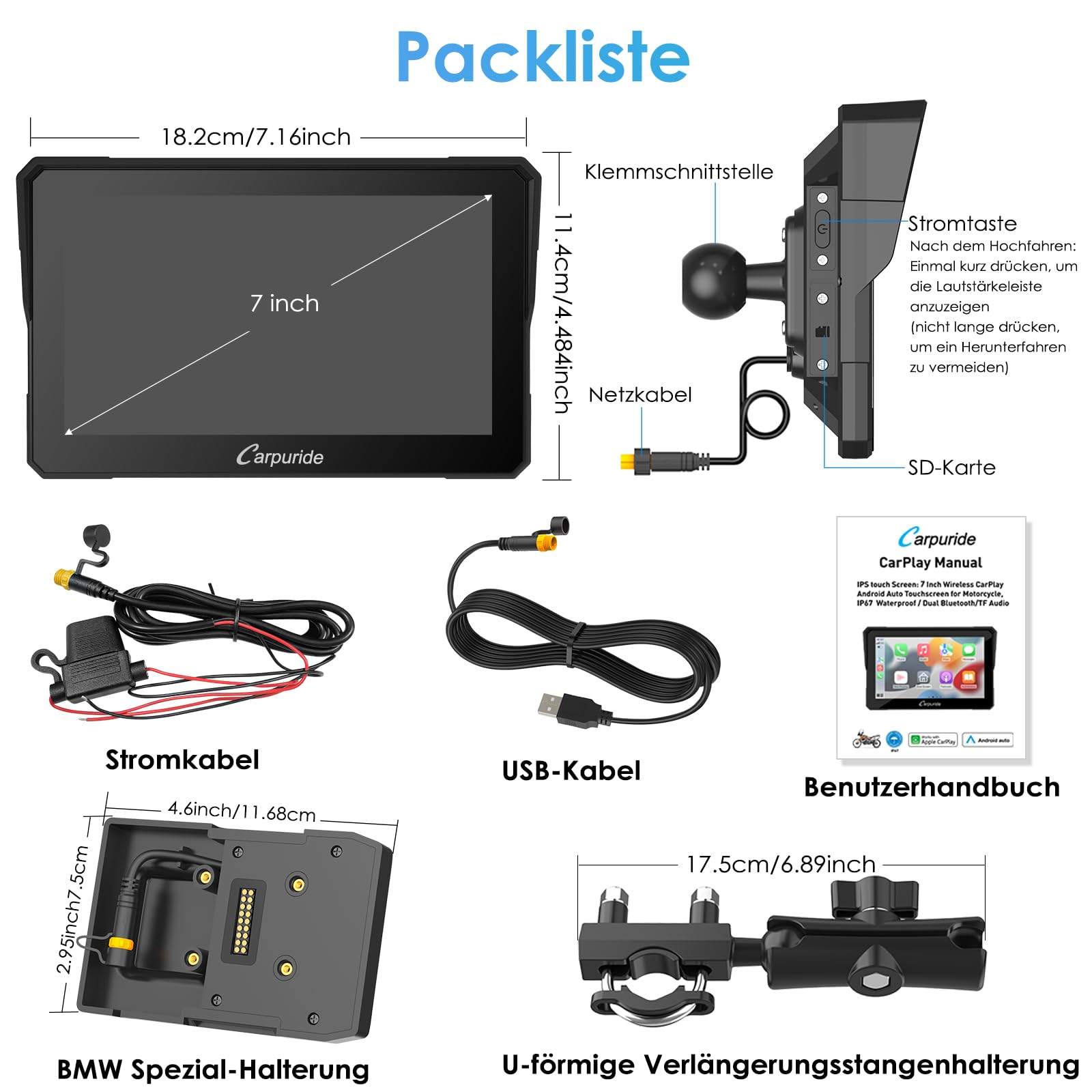 Carpuride W702B Motorrad GPS Carplay Bildschirm mit Design Halterung für BMW Motorräder, Kabelloses CarPlay und Android Auto, Tragbarer 7" Wasserdichter Touchscreen, Dual Bluetooth, Navigation, Siri.