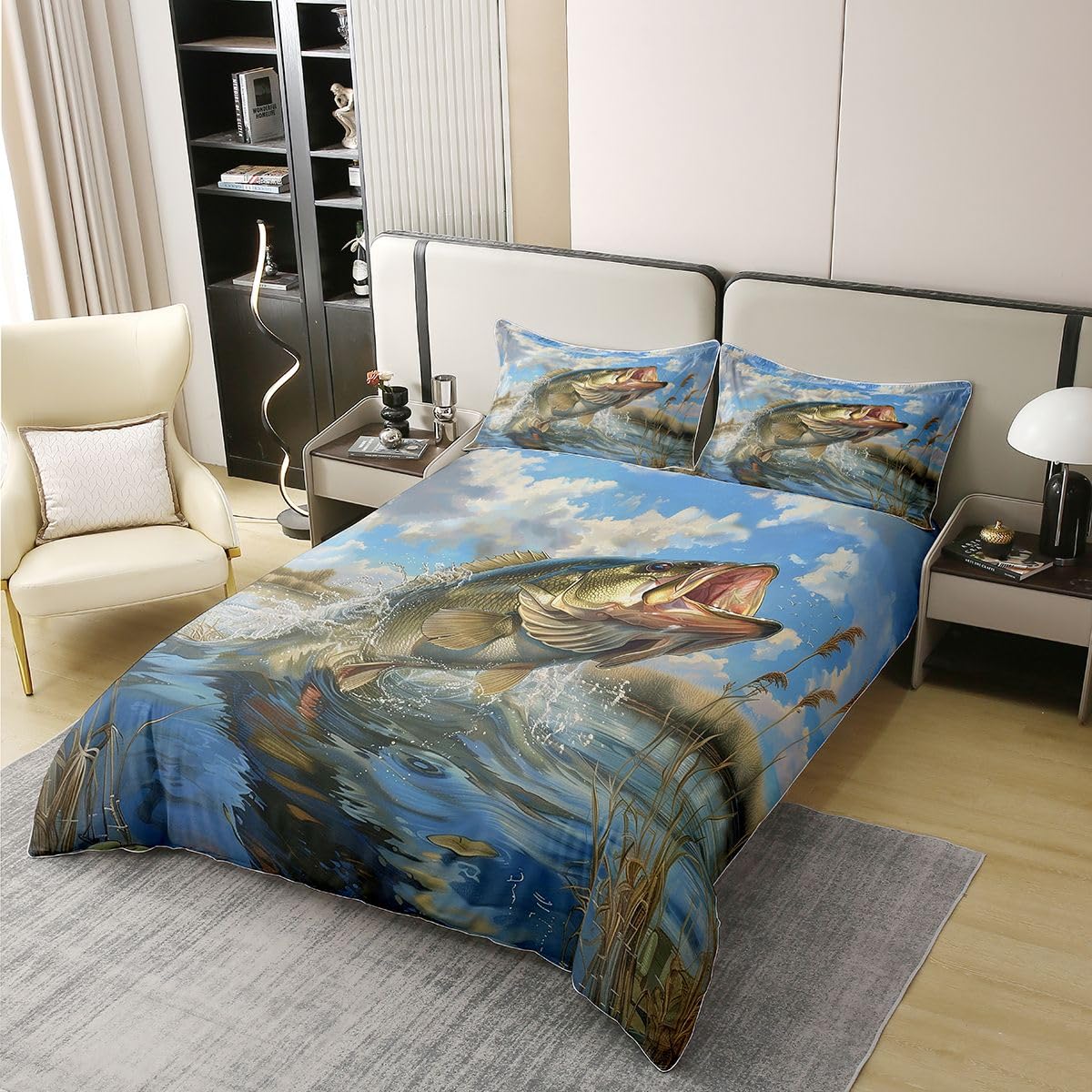Homewish Bass Fish Kids King Zestawy Pościeli Wędkarstwo I Polowanie Bawełniana Poszewka Na Kołdrę Życie Morskie Poszewka Na Kołdrę Przybrzeżne Zwierzęta Zestaw Łóżek Dla Chłopców Nastolatków