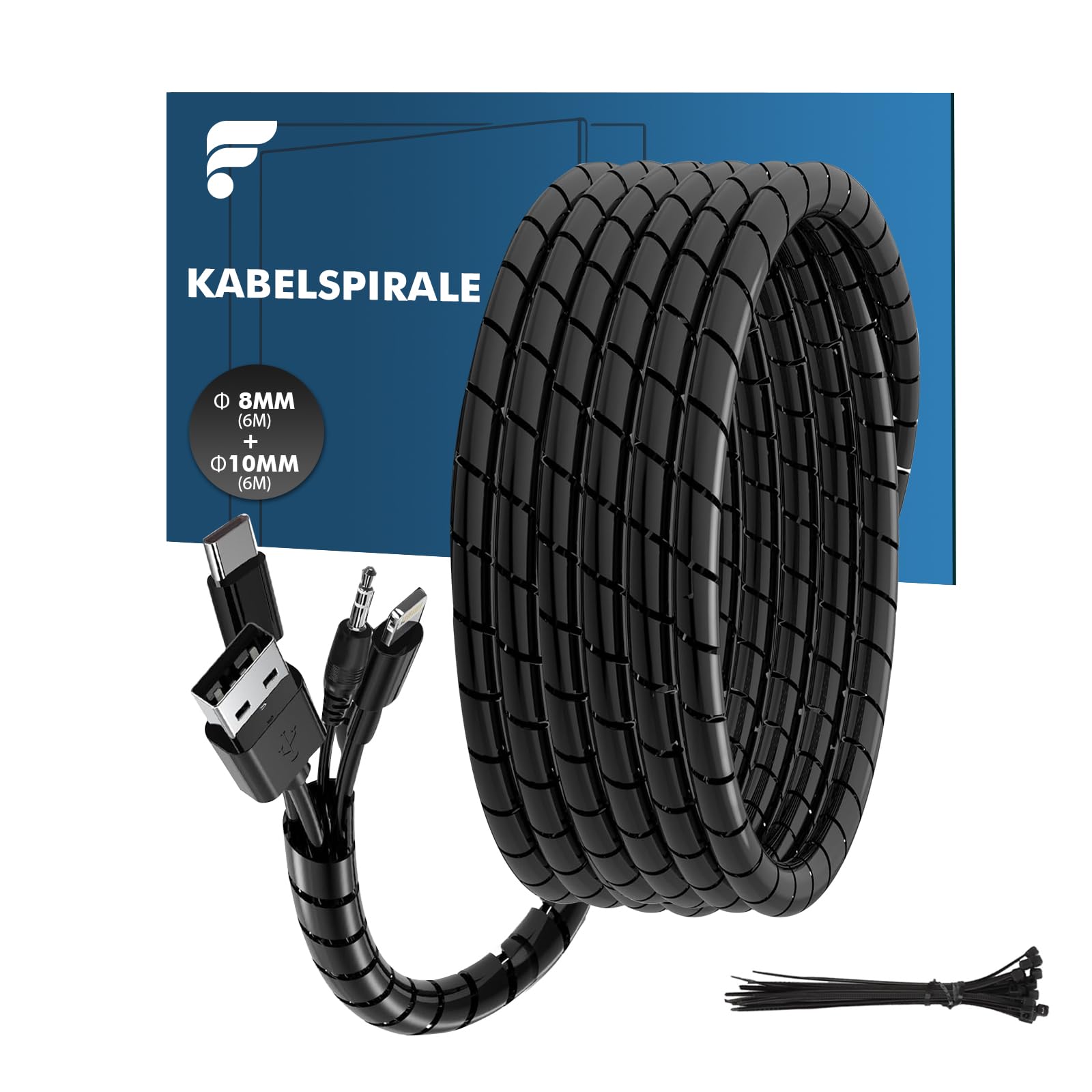 shinfly Kabelschlauch Set – 2×6 m Spiralschlauch (Ø 8 mm & 10 mm), Flexible Kabelschutzschlauch für Kabelführung & Organisation, inklusive 10 Kabelbinder, Schwarz