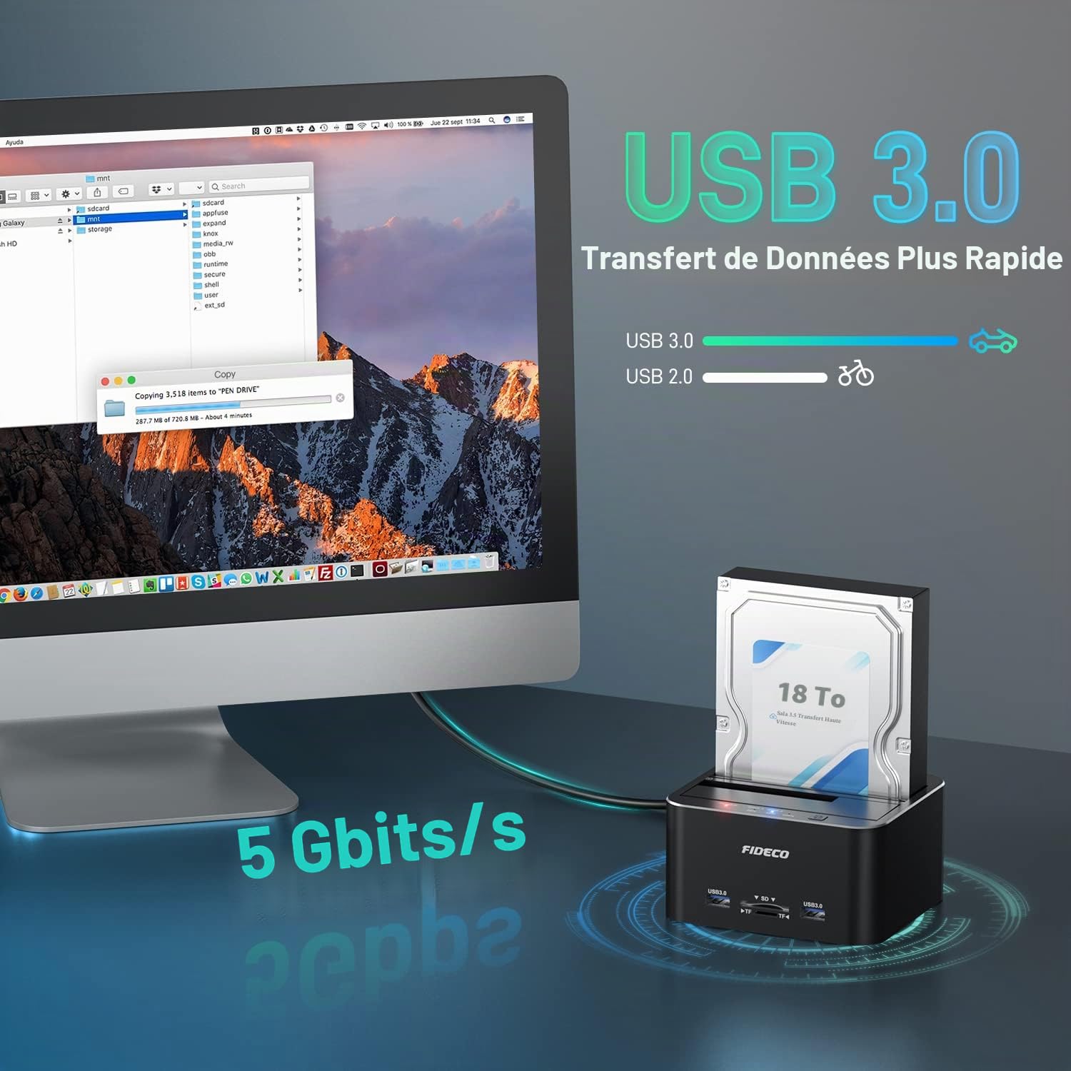 FIDECO Station d'accueil pour Disque Dur, USB 3.0 Aluminium Stations d'accueil pour Disque Dur 2,5"/3,5" SATA HDD SSD, Lecteur de Carte TF et SD, Prise en Charge du Clone Hors Ligne