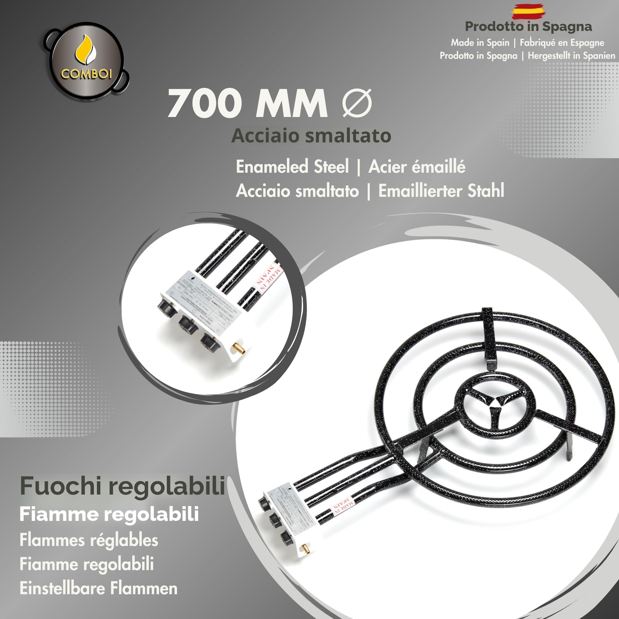 Comboi - Paellero a gas butano 70 cm, Kit Bruciatore Paellera in Acciaio Lucidato 90 cm, Supporto con Gambe Rinforzate, Livello, Grembiule, Libro di Ricette Digitale