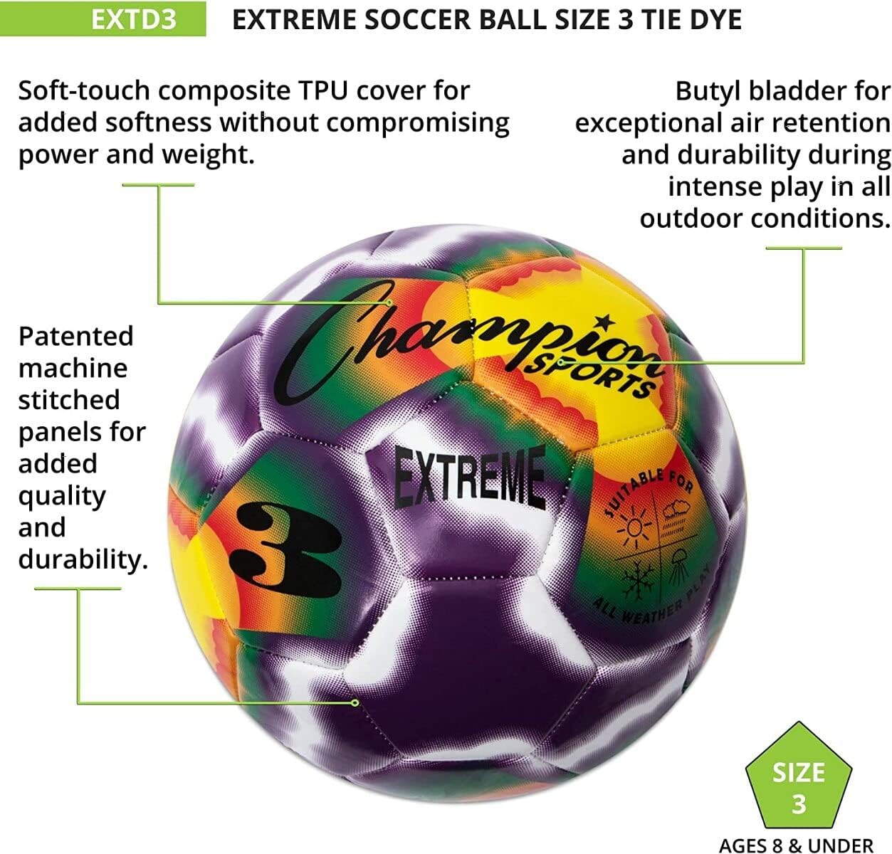 Champion Sports Extreme Tie-Dye Soccer Ball – Durable All-Weather Soccer Ball for Kids, Youth & Adults – Sizes 3, 4, 5