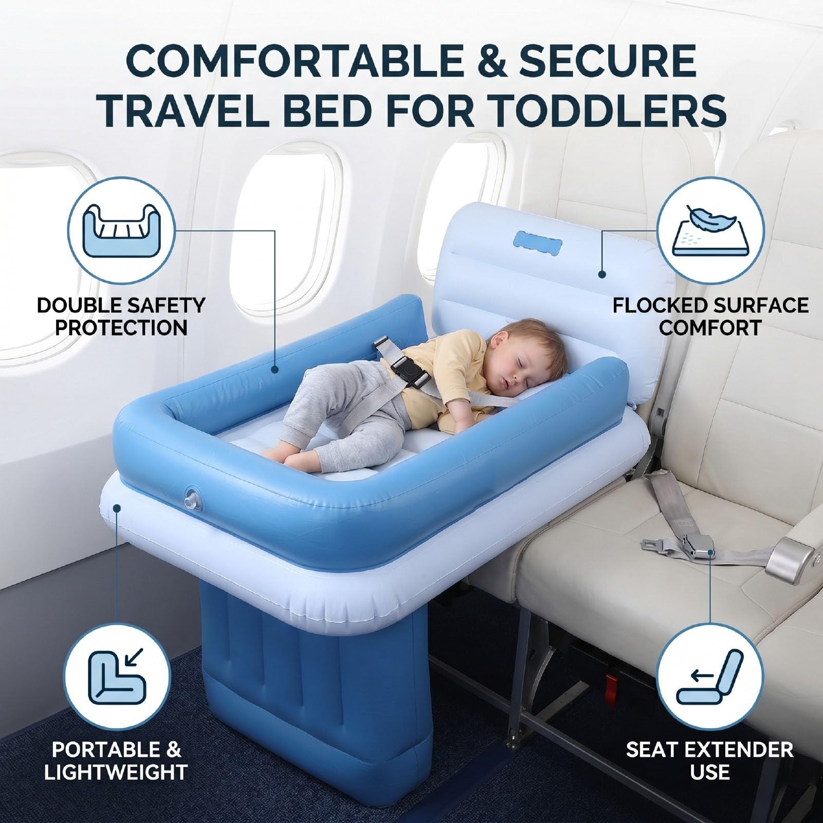 Lit Gonflable de Voyage avec Coussin épais, Bleu | Extension de siège arrière de voiture d'avion, matelas de couchage de voyage pour enfants en bas âge, sac de transport