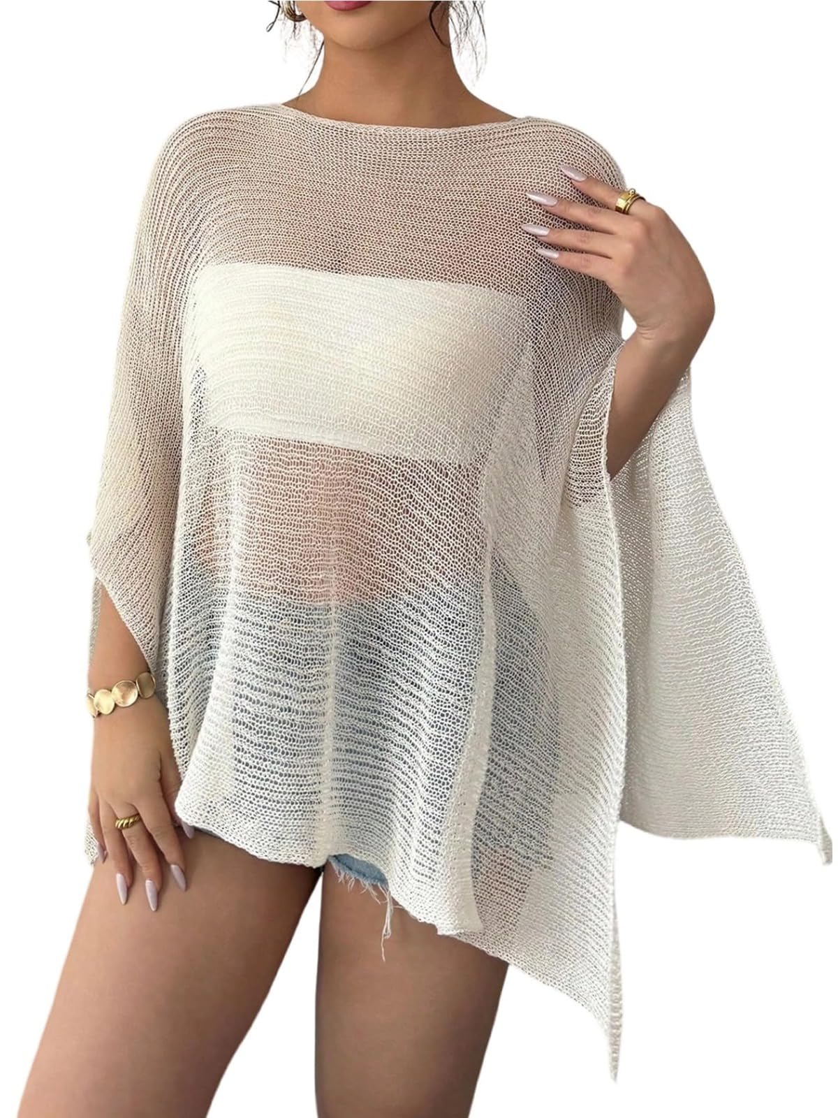 Damen-Poncho aus transparentem Strick mit 3/4-Ärmeln, leichtes Oberteil zum Überziehen