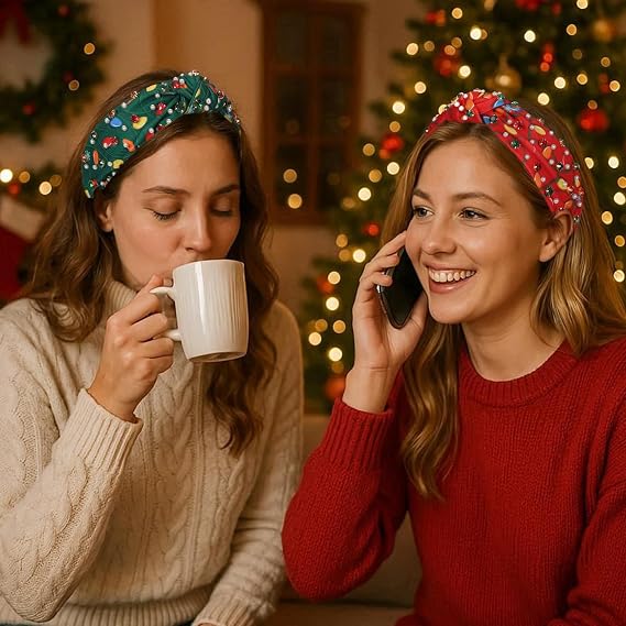 winthrop 2 Pack Christmas Headbands for Women, Red Green High Crown Knot Headbands with Christmas Light String Pattern Pearls Rhinestones, Festive Holiday Hair Accessories for Party Present
