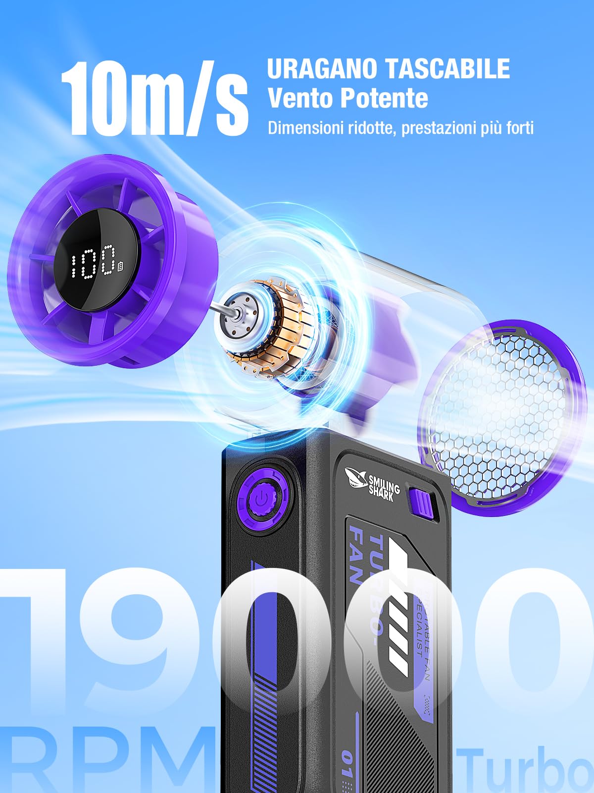 Smiling Shark TF-01 Ventilatore Turbo Portatile, Turbo Power 10m/s Alta Velocità Regolabile 1-100 Mini Ventilatore Portatile a Mano [Max 12H] con Display LED per Viaggi/Concerti/All'aperto/Campeggio