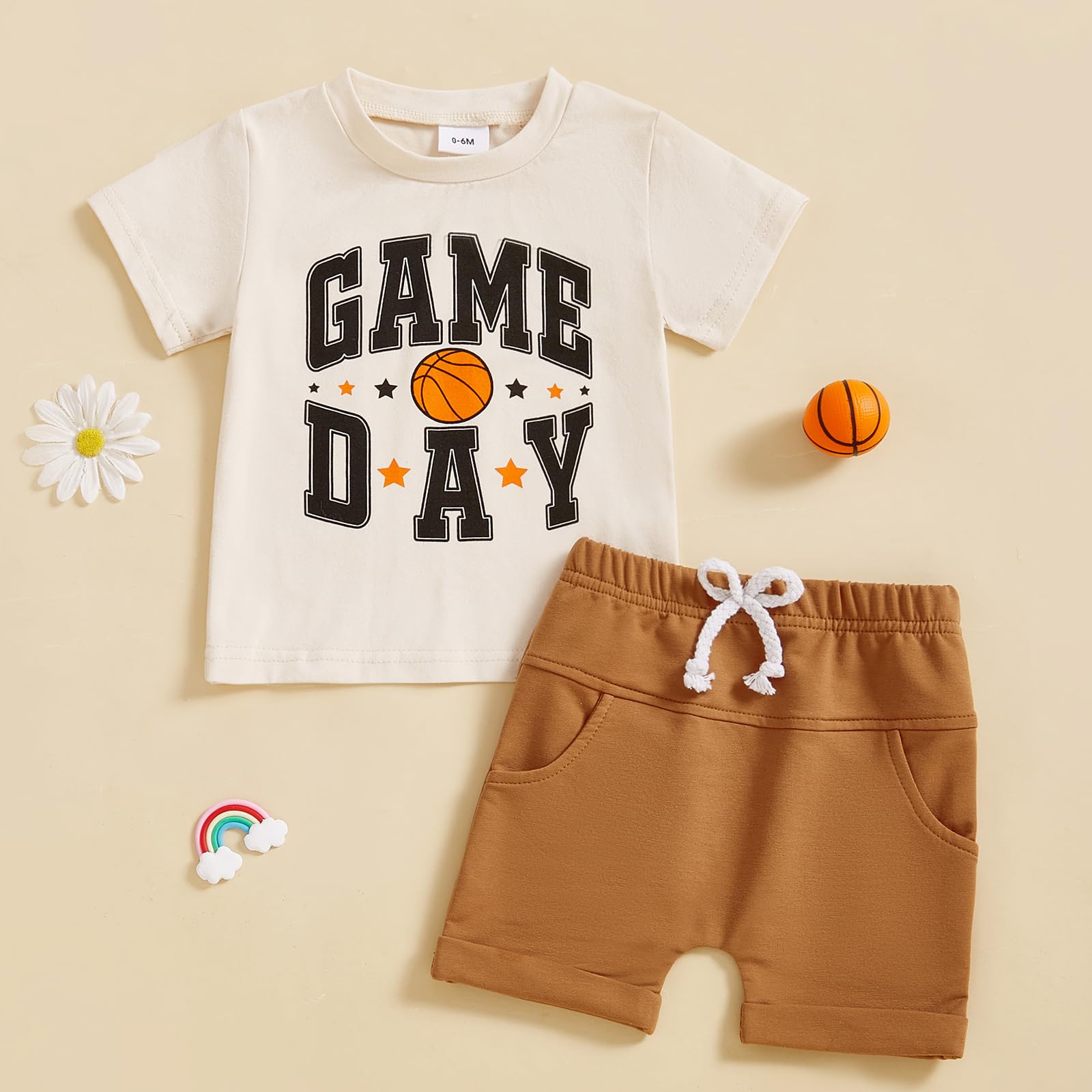 Toddler Baby Boy Basketball Outfits Game Day Short Sleeve T Shirt Elastic Waist Shorts Newborn Infant Summer Clothes (Khaki, 12-18 Months)