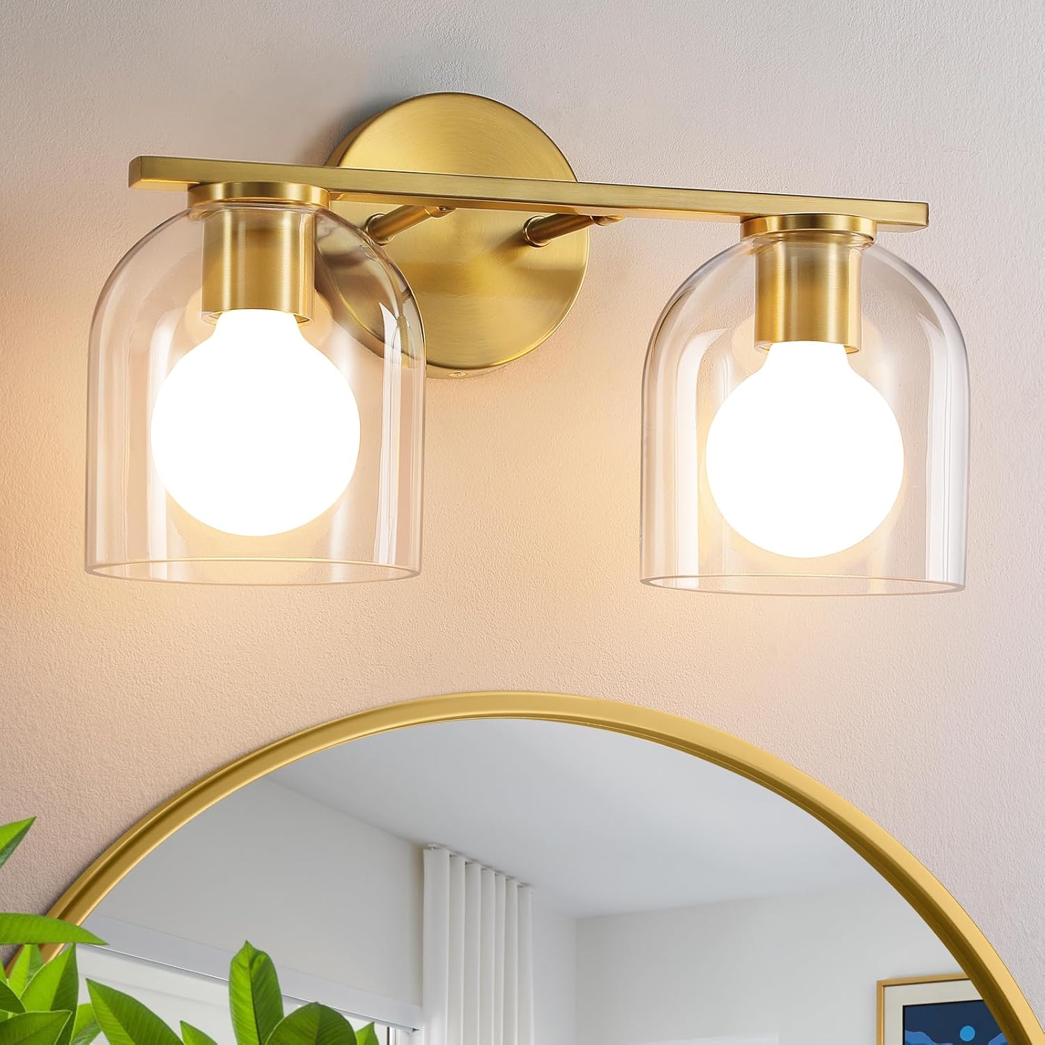 WOSHITU Bathroom Vanity Light Fixtures: 14.2 Inch Modern Gold Bathroom Light Fixtures Over Mirror with Clear Glass Shade, Brushed Gold 2 Light Wall Mount Sconces Above Mirror Brushed Gold 2-light