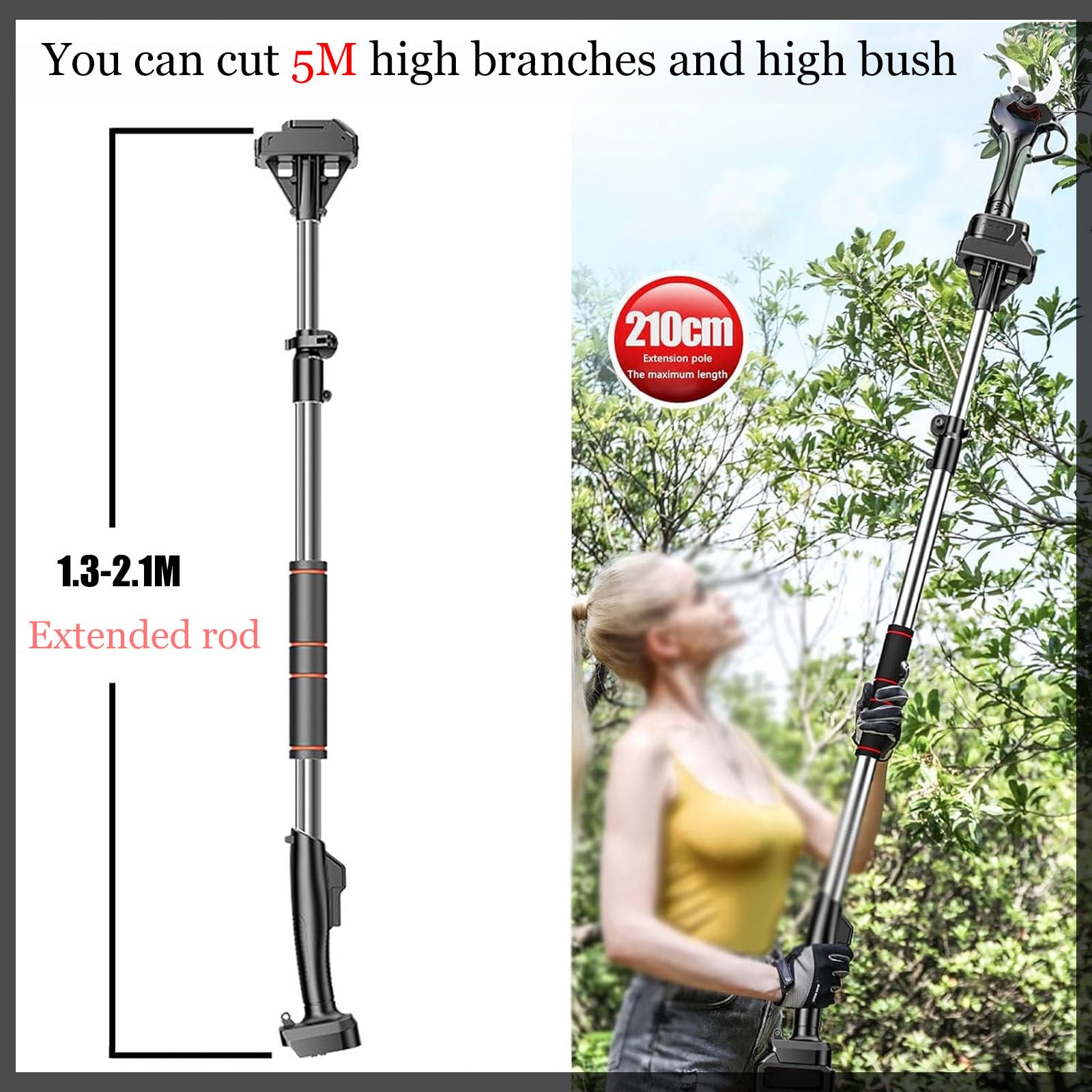 Tijera Podar Inalámbricas Portátiles Podadora 78mm, Tijeras De Podar Bateria,para Jardinería Viñedos Árboles Frutales, Tijeras De Podar con Barra De Extensión 2,1m, 2Batería