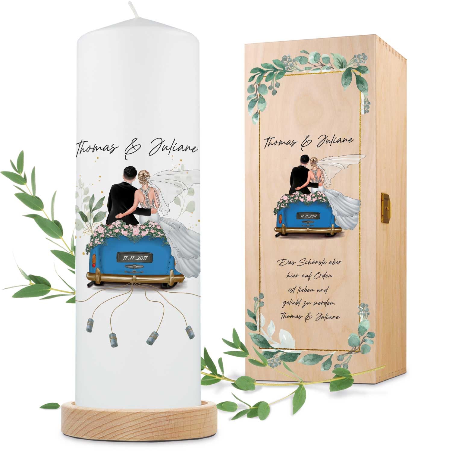 GRAVURZEILE Vela impresa – Coche de boda – Personalizado con nombre, fecha y texto – Vela de boda ampliamente personalizable como regalo de boda – Vela de pilar de alta calidad blanca 250/80 mm