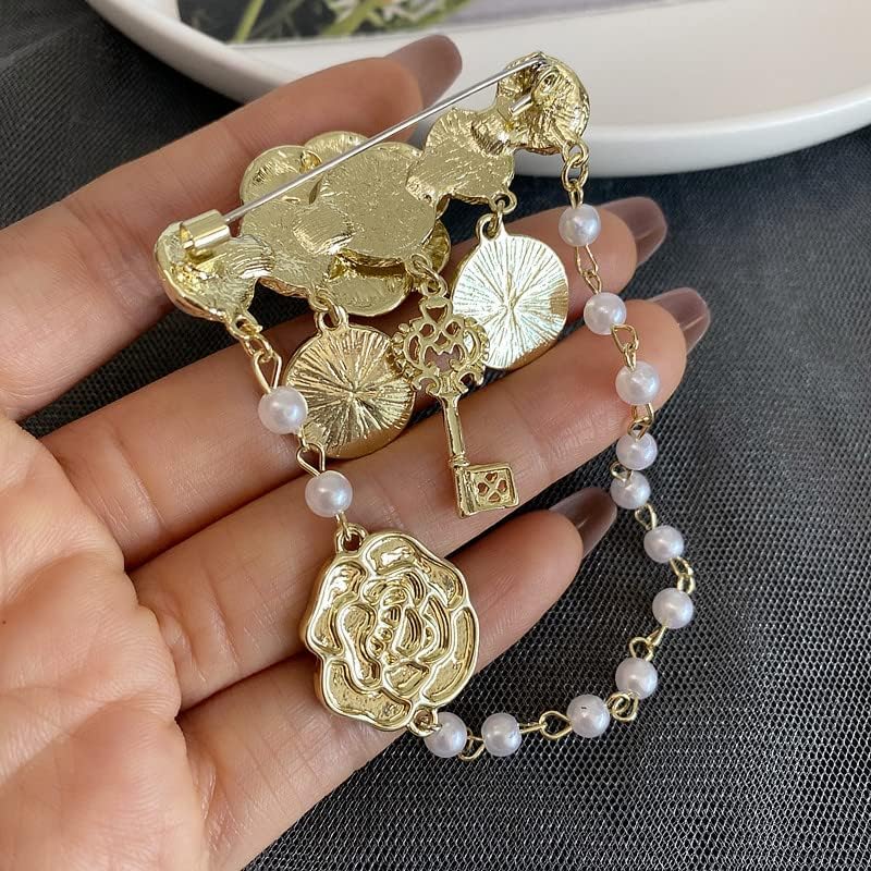 Miniatura 6 de Broche de cadena colgante de perlas de imitación, elegantes alfileres de solapa, regalo de joyería vintage para mujer, Perla simulada, aleación,