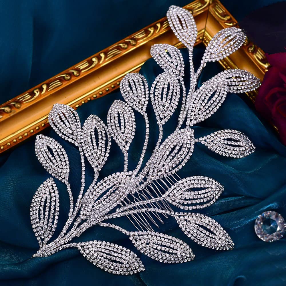Haarkamm Hochzeit Silber Braut Haarschmuck aus Strass Kristall Damen Mädchen Kopfschmuck Brautschmuck Blatt Haar Schmuck Steckkämme