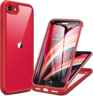 iPhone SE 2022 & 2020 Case, iPhone 8 Case [Built-in Glass Screen Protector] Military Grade Full Body 360 Shockproof Stylish Bumper Transparent Back Case Cover for iPhone SE 2020/ iPhone 8 (Red)