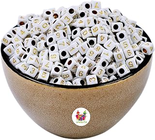 Unobite 500 पीस प्लास्टिक 123 नंबर बीड्स 6 मिमी साइज़ रंगीन अक्षरों के साथ ज्वेलरी बनाने, हार, की चेन और बच्चों के लिए ज्वेलरी (गोल्ड लेटर्स, स्क्वायर शेप के साथ सफेद रंग) (BS028)