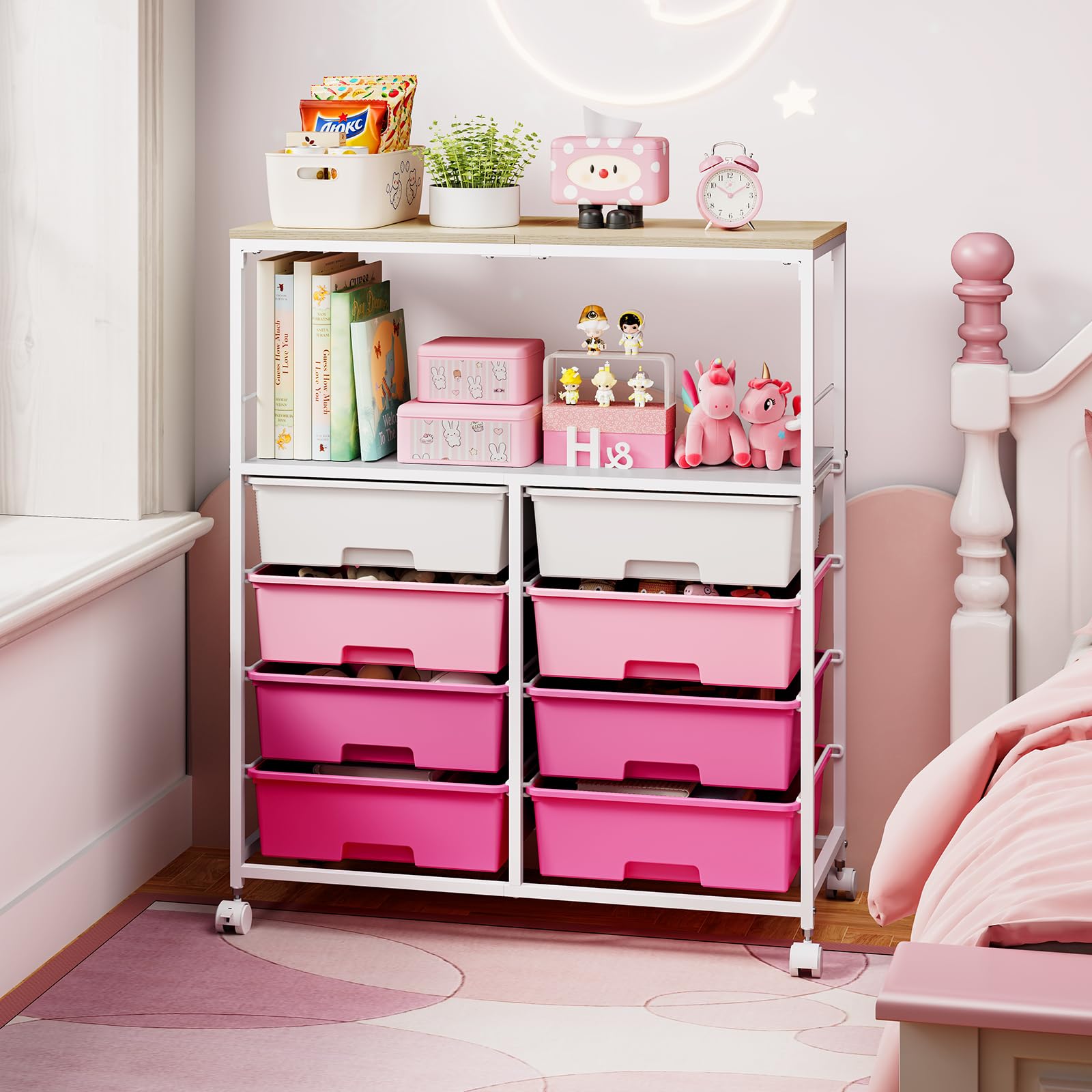 SYKIARIOL Carrello a rotelle con 8 cassetti, multiuso in metallo, per ufficio, cucina, bagno, soggiorno, ruote bloccabili, rosa
