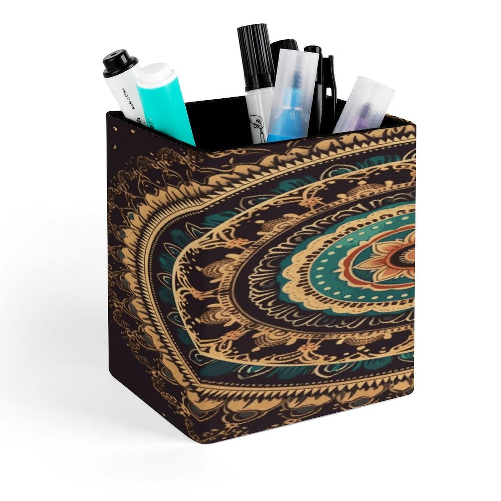 FekiLoot Mandala Pencil Holder for Desk Square Leather Pen Holder Cup Desktop Organizer Multi-Functional Pencil Cup Holders Modern Decorative Desk Organizer Caddy Makeup Brush Holders