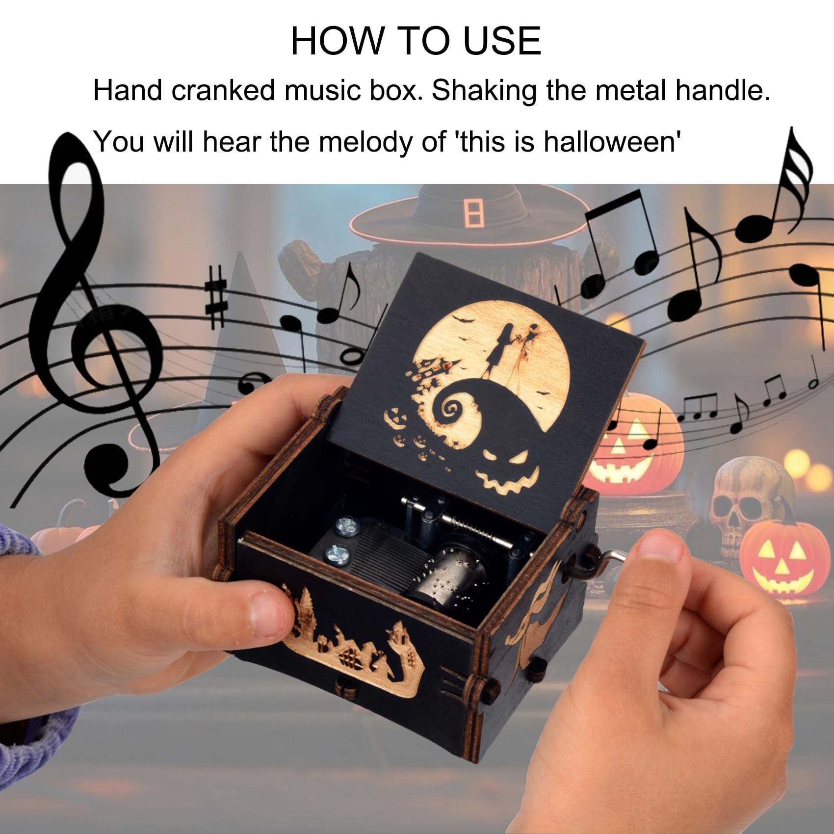 Bonita caja de música de madera con manivela, regalo de melodía de Halloween para Halloween, Navidad, día de San Valentín, cumpleaños, decoración del hogar, color negro