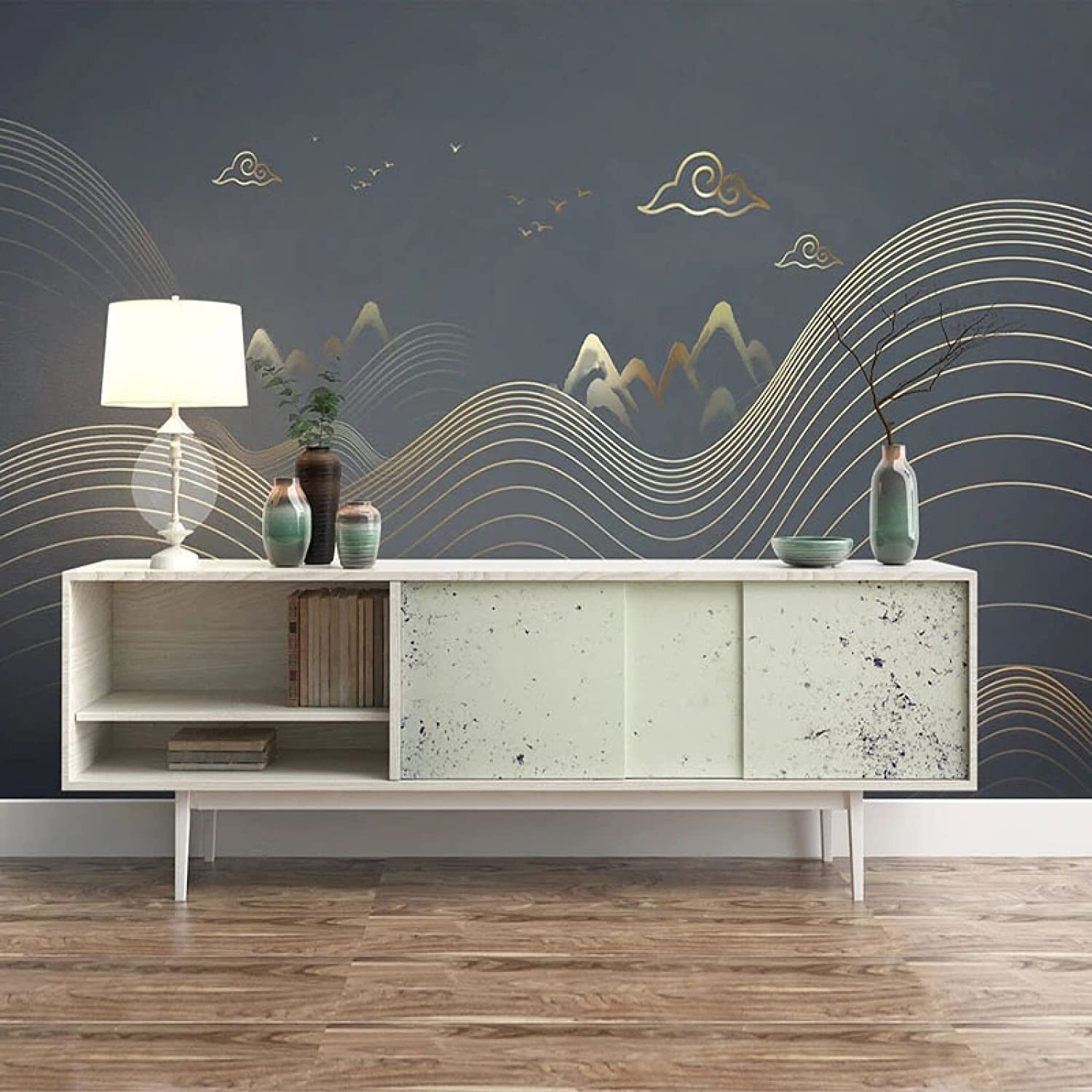 Mural De Pared Foto De Pared 3D Pelar Y Pegar Papel Pintado Autoadhesivo Pegatina Removible Paisaje De Tinta De Línea Dorada Decoración Del Hogar Fondo De Tv Pintura De Pared A 250(ancho)x175(alto) cm