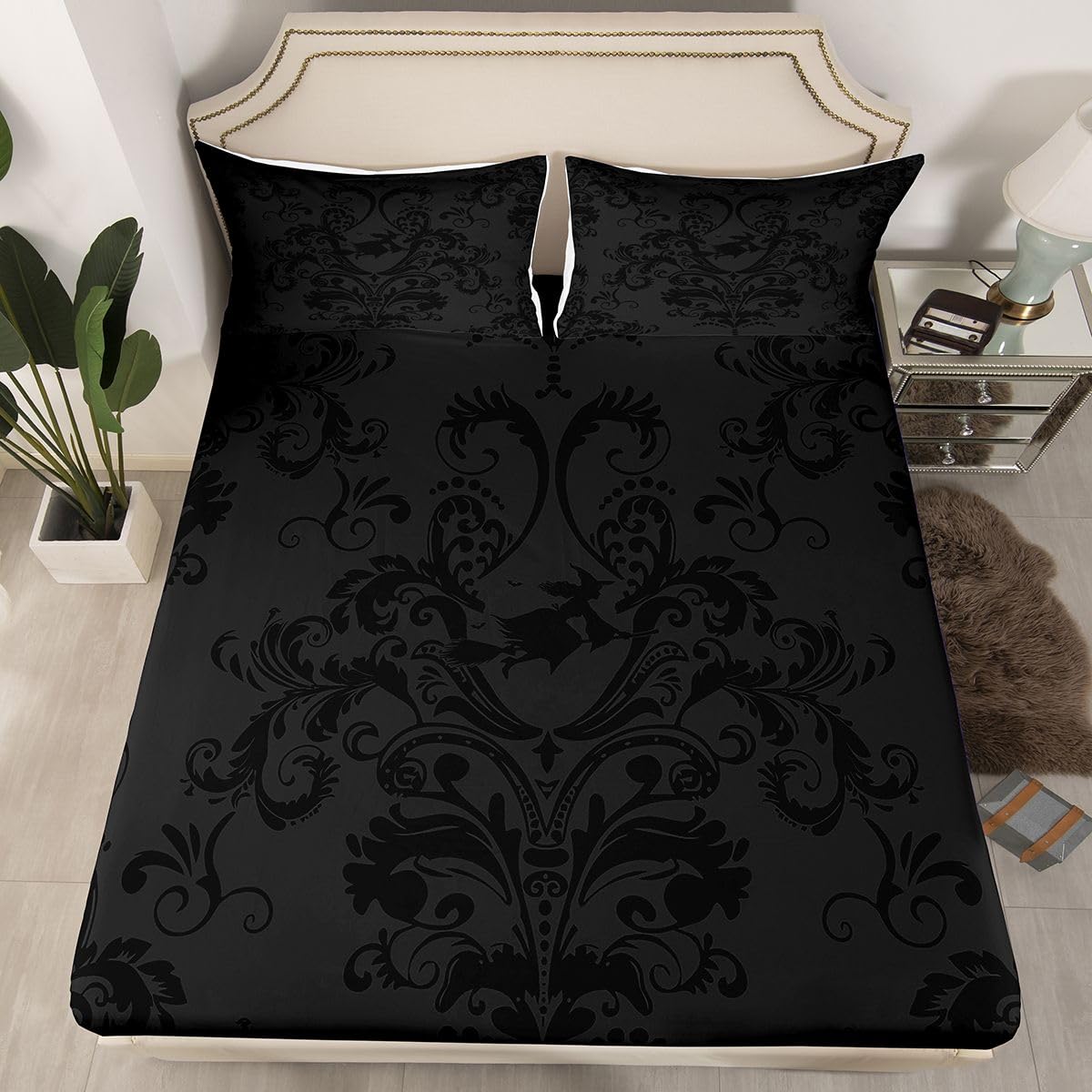 Homewish Czarny adamaszek zestaw pościeli podwójna czarownica gotyckie prześcieradła vintage boho kwiatowy zestaw pościeli - antyczne wiktoriańskie prześcieradła z gumką 4-częściowy wystrój pokoju