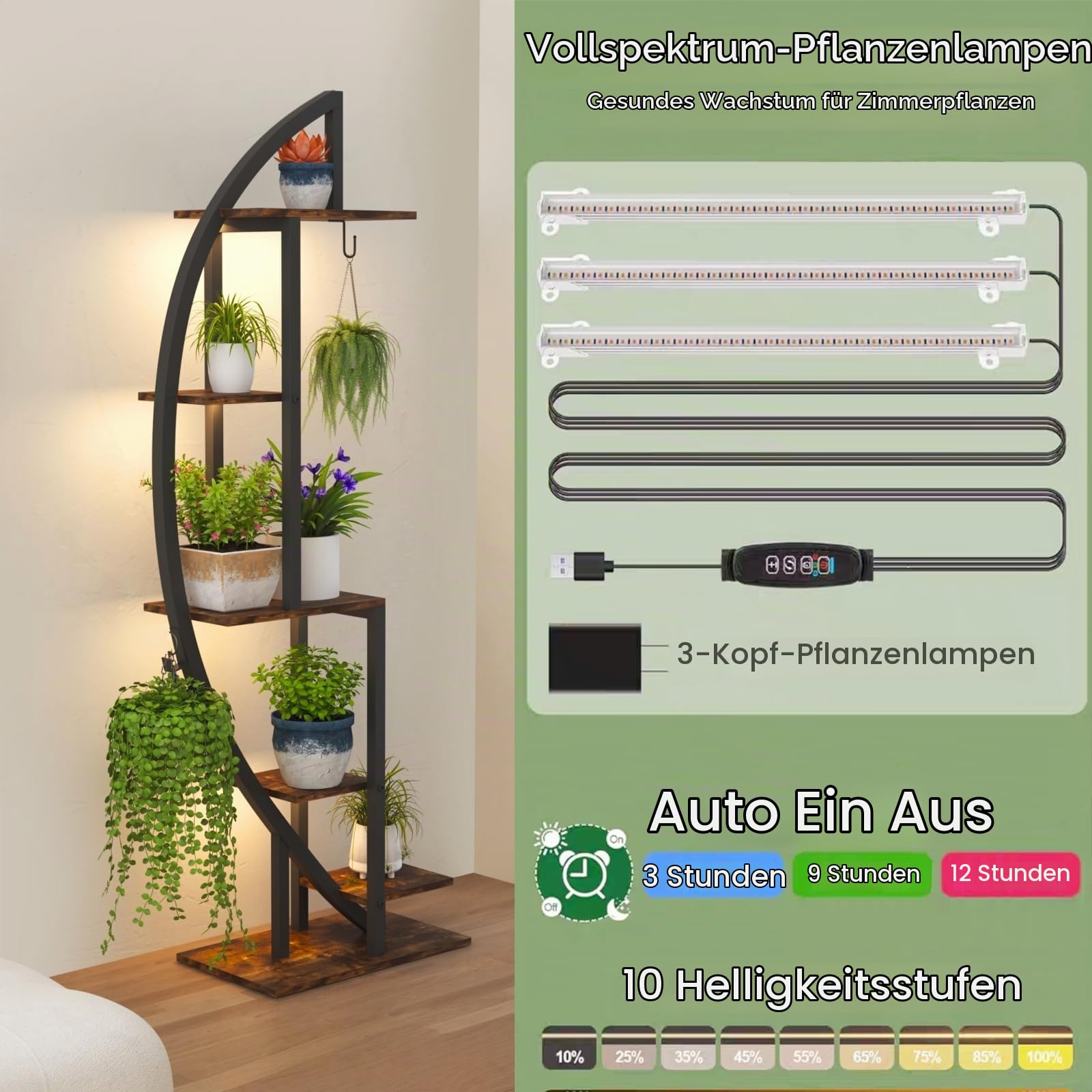 6 Ebenen Pflanzenständer mit Wachstumslicht, Großes Blumenständer 160cm Hoch, Metall-Holz Pflanzenregal Indoor & Outdoor Blumenregal für Wohnzimmer Balkon Flur, 50 x 30 x 160 cm