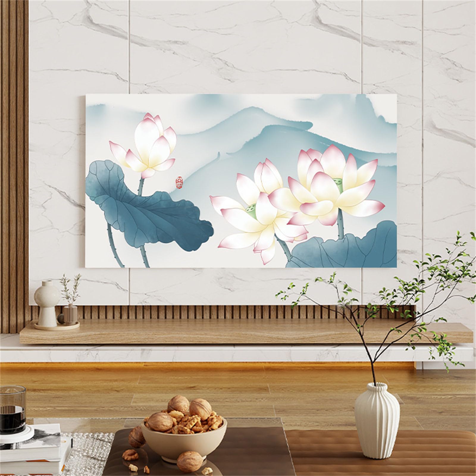 Housse pour TV Style Chinois Anti Poussière Respirant Élastique 46-50inch Fleur de Lotus Rose