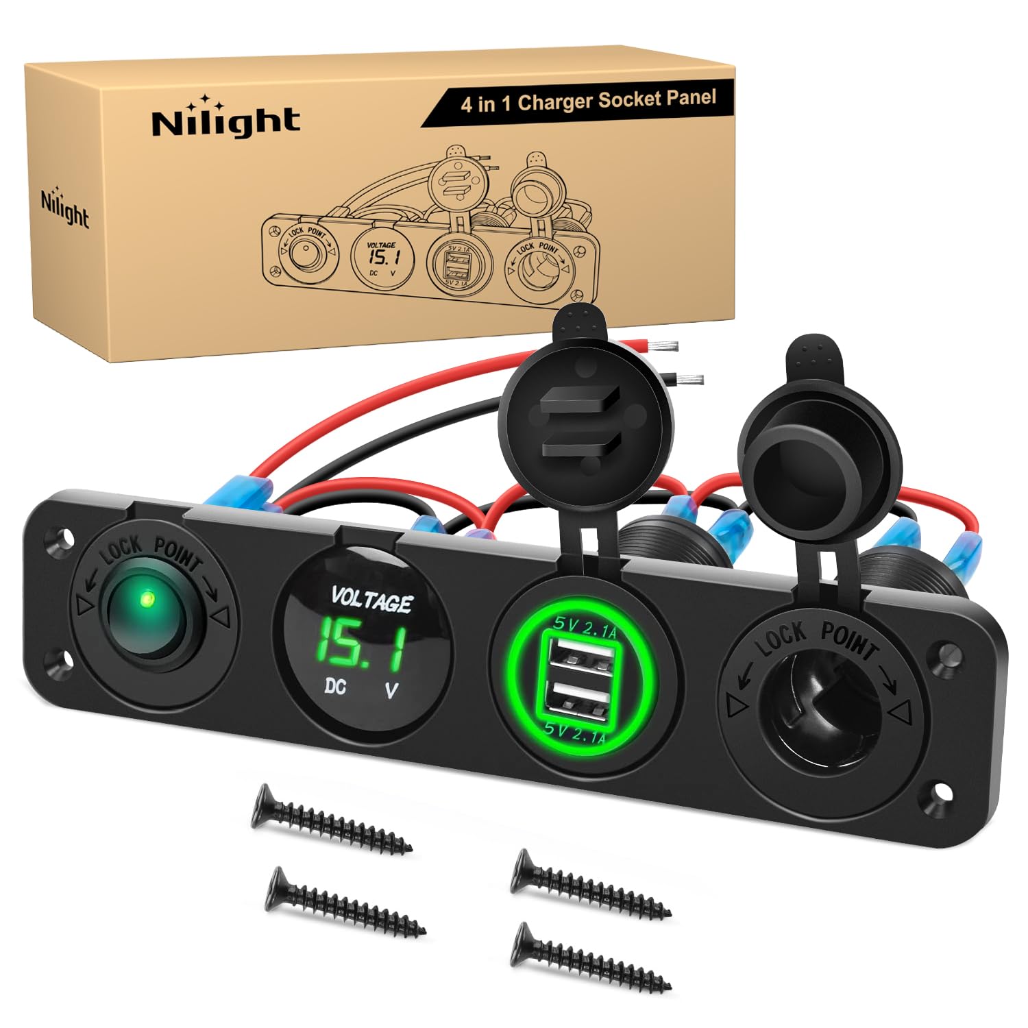 Nilight 4 in 1 ON/Off Charger Socket Panel Dual USB Socket Power Outlet LED Voltmeter Cigarette Lighter Sockets Led Lighted On Off Rocker Toggle Switch for Truck Car Marine Boats RV