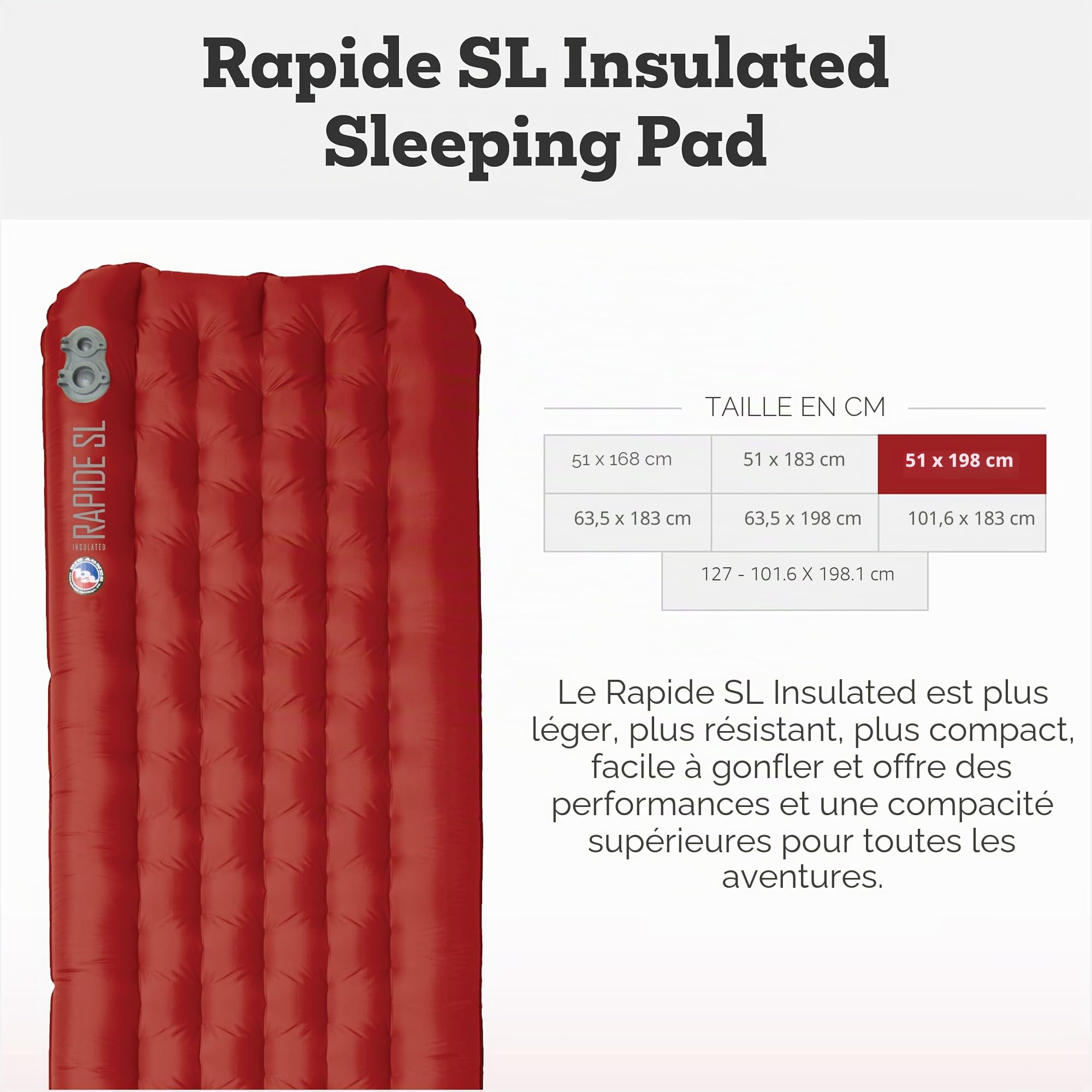 BIG AGNES Rapide SL Matelas de Couchage isolé Long, Ultra léger, Compact Toutes Saisons, pour Voyage et randonnée, Sac de pompage Inclus, Orange, 51 x 198 cm