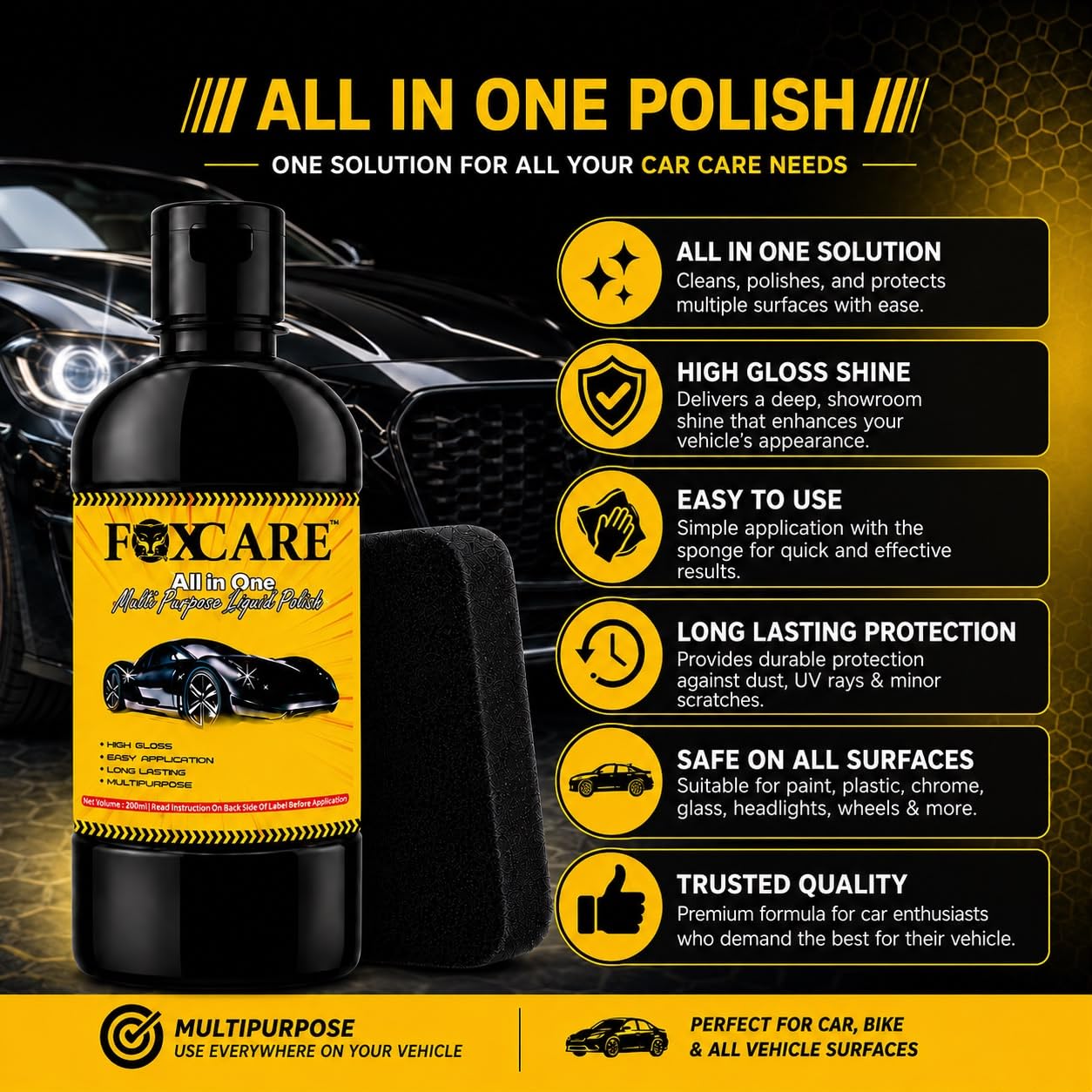 Foxcare All In One Polish 200ml | Car & Bike Liquid Polish | Removes Minor Scratches, Water Repellent Coating | Dashboard Plastic Fibre Restorer | Shine Enhancer & Paint Protection 3