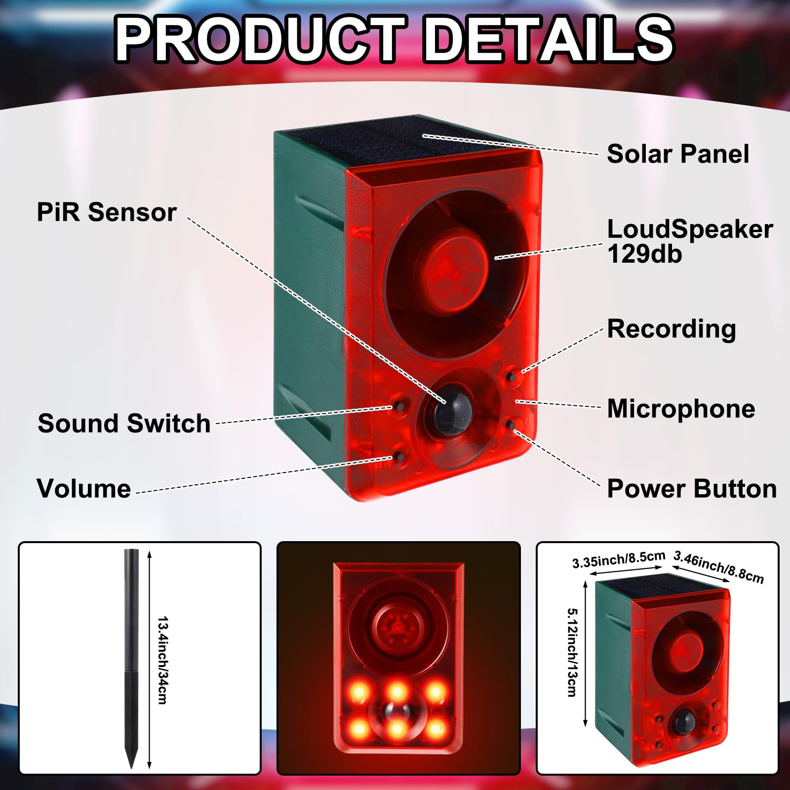 Qualirey 2 alarmas solares con sensor de movimiento para exteriores con sonido de disparo de pistola, ladridos de perro, 3 modos de grabación y volumen ajustable, carga USB, 129 dB, generador de ruido