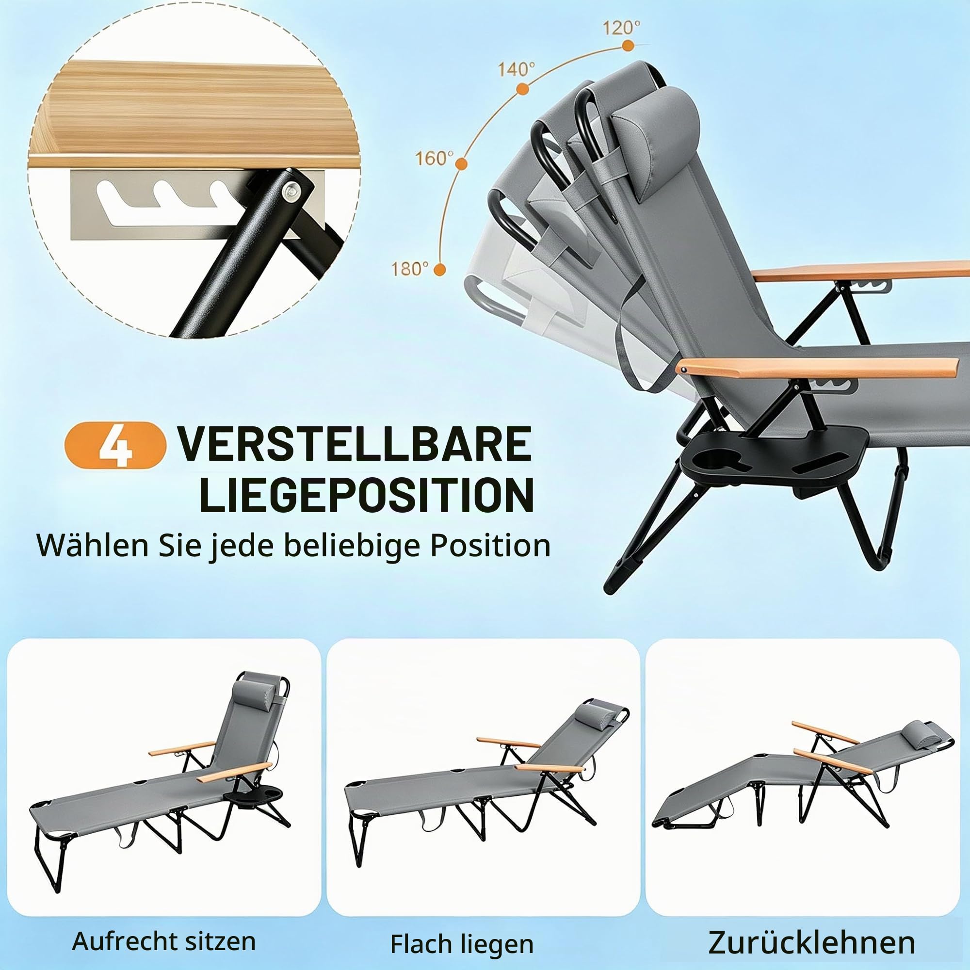 Sonnenliege Klappbar Wetterfest, 4-Fach Verstellbarer, Garten Liege mit Kopfkissen, Getränkehalter und Holzarmlehnen, Strandliege Klappbar Robust, für Garten, Terrasse, Pool (Grau)