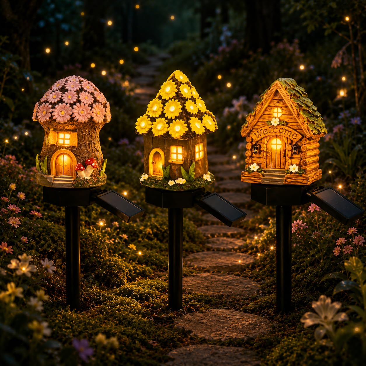 Solar Fairy-Tale Mushroom Cottage Garden Light,Waterproof LED Outdoor Mushroom House Statue Decor Lamp,Resin Cottage Garden Stake Lights,Auto On/Off Landscape Pathway Light for Yard Lawn Flower Bed