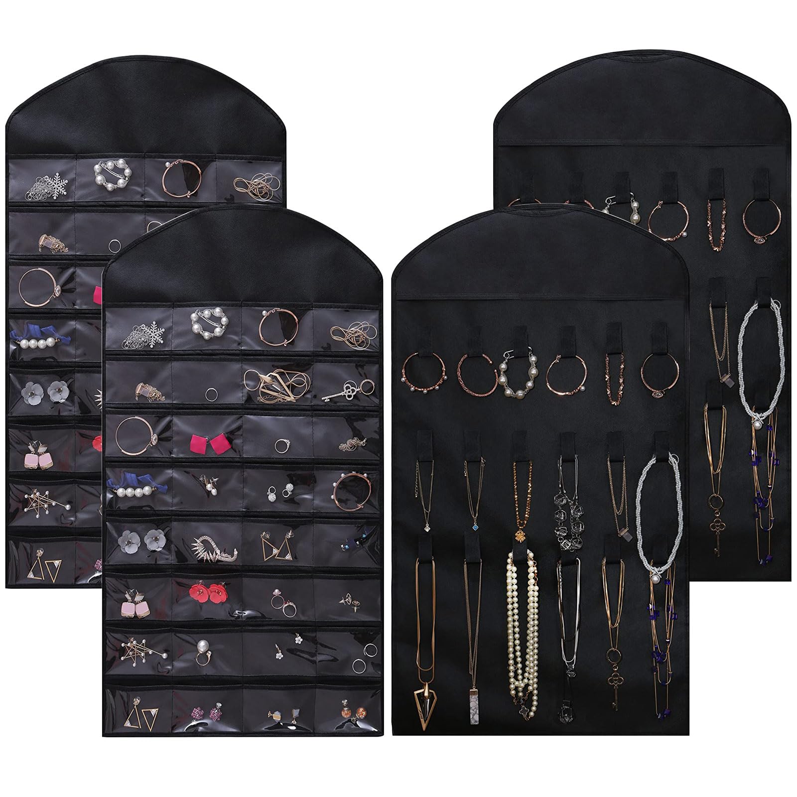 Ezigoo 2 Pack Hanging Jewellery Organiser Large Double Sided Black Jewelry Organiser- Jewellery Hanger Jewellery Holder, Earring Holder All In One, Wardrobe Storage Organiser