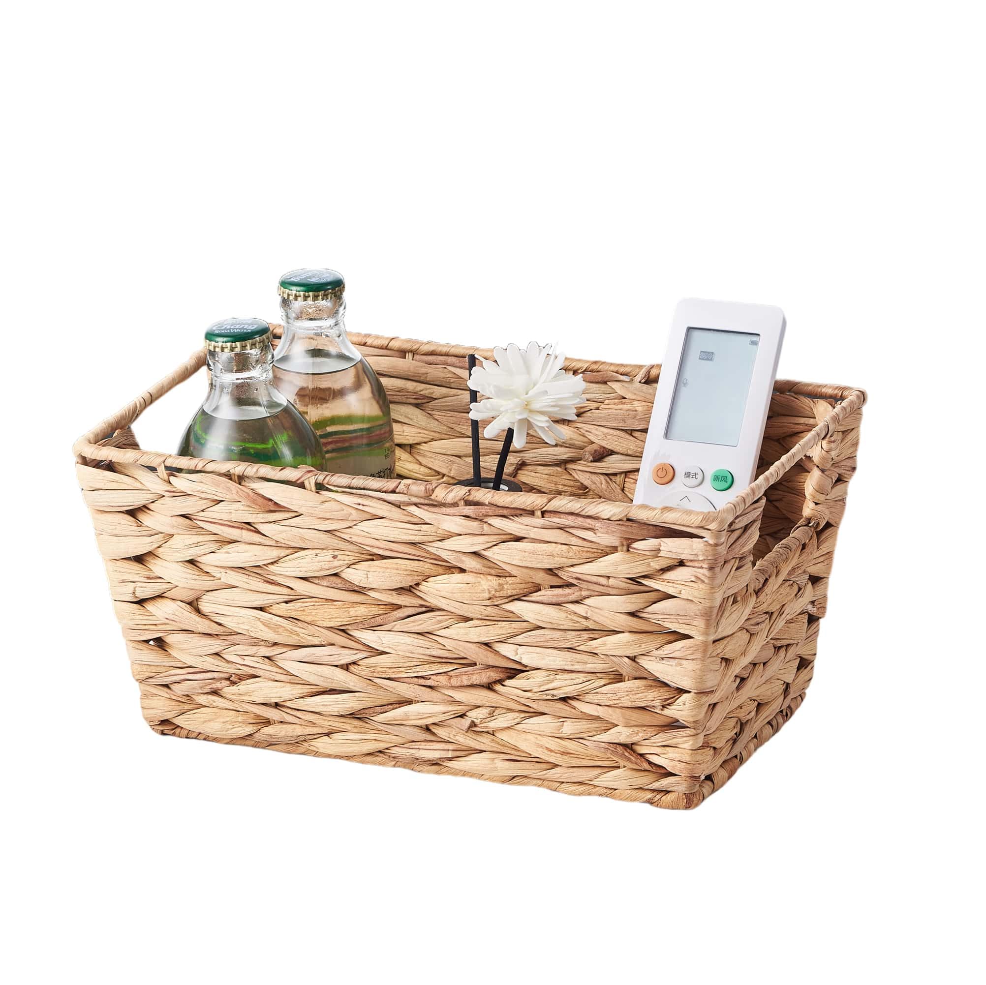 Eden & Willow Natural Water Hyacinth Woven Storage Basket With Handles | Wicker Shelf Baskets For Home Decor And Bathroom Organisation | Handmade Stackable Gift Hamper Basket (1, Small)