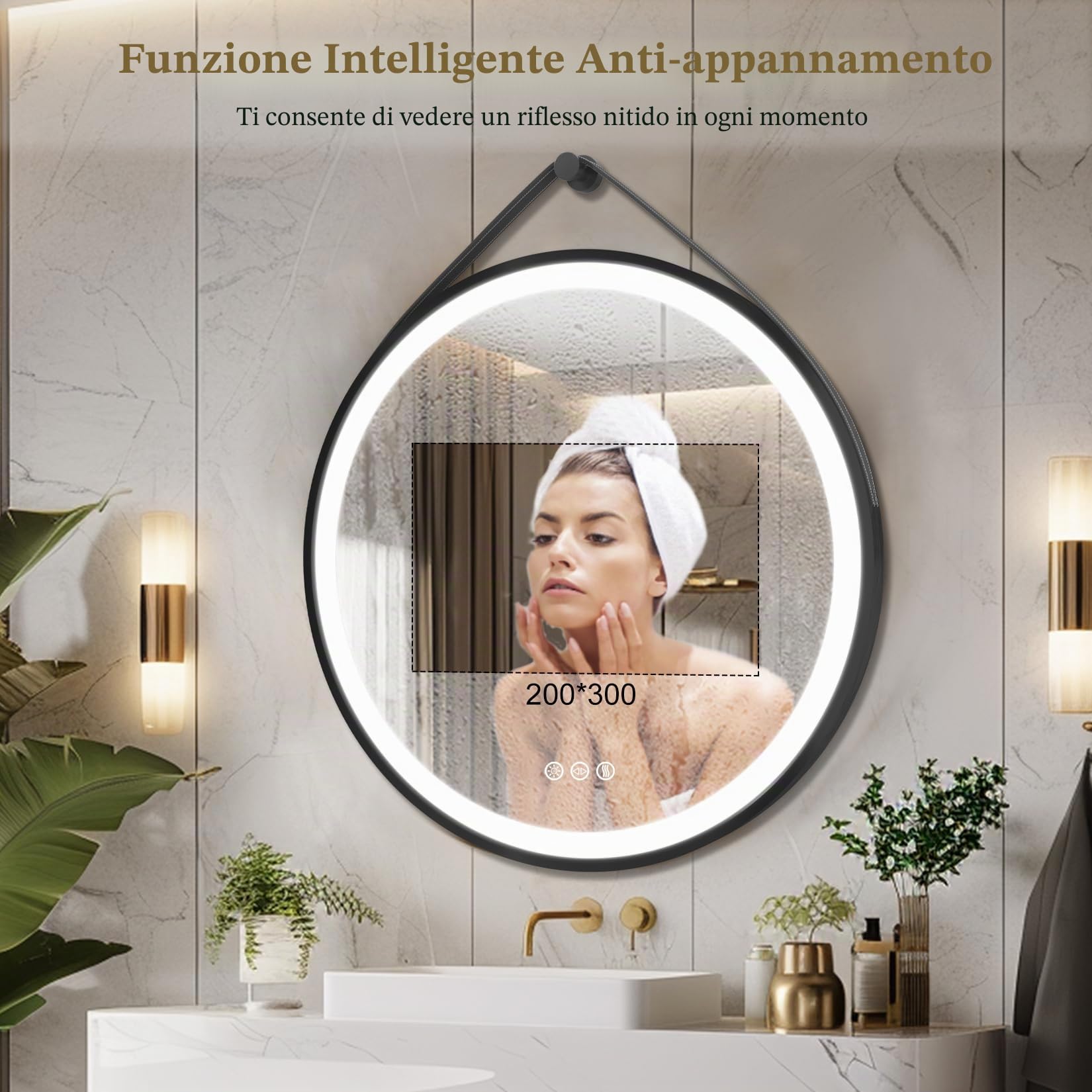 LUVODI Specchio Bagno con Led Luce Rotondo 60 cm: Specchio Smart Tondo Bagno Cornice in Alluminio Nero Cinghia Regolabile in Pelle, Illuminato Frontale, Antiappanamento, Dimmerabile, Funzione Memoria