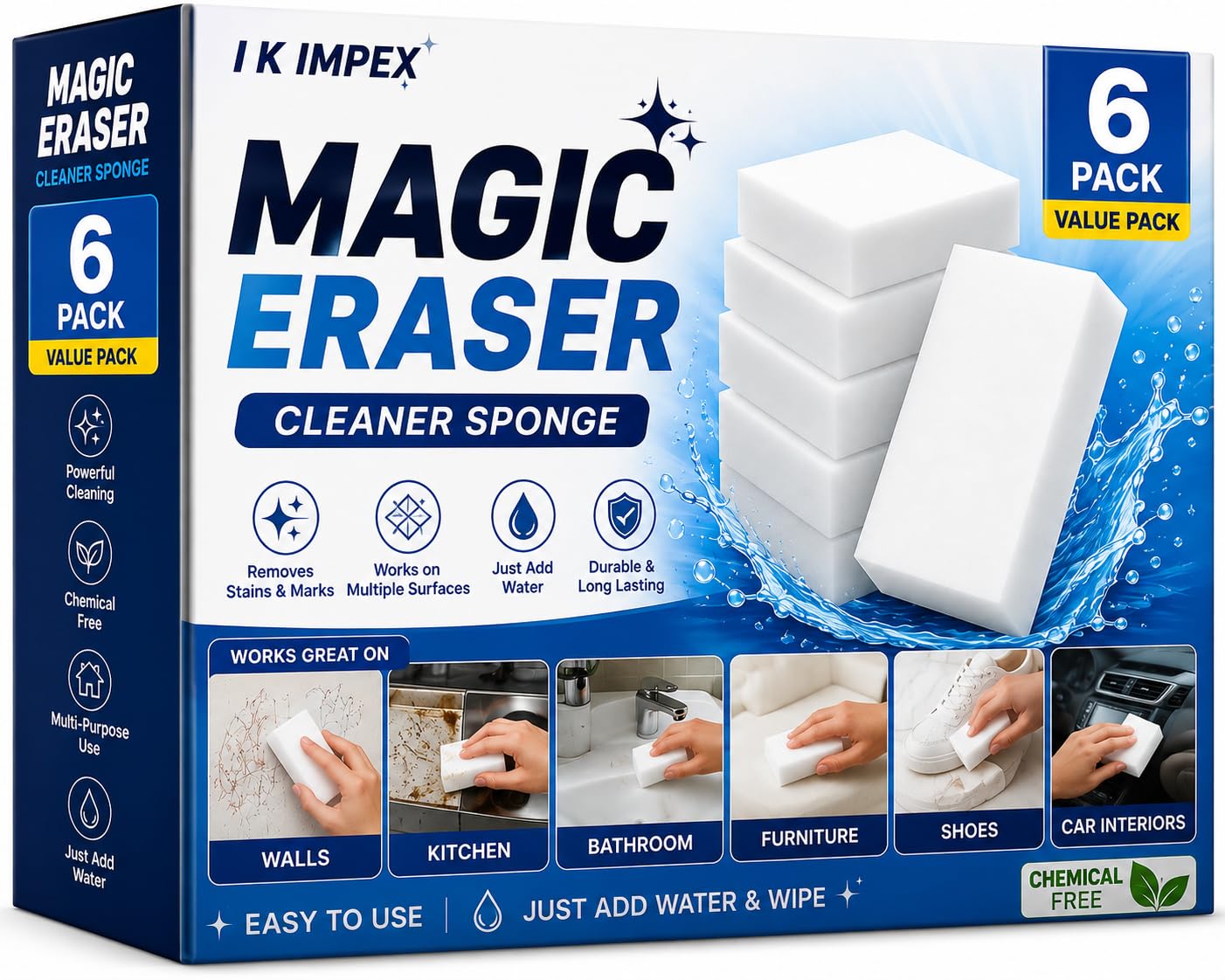 I K IMPEX Magic Eraser Cleaning Sponge Pack of 6 |2X Premium Melamine Foam Cleaning Sponge | Multi-Purpose Cleaner for Walls, Kitchen, Bathroom, Tiles, Sink, Shoes & Car Interior | Just Add Water-image-10