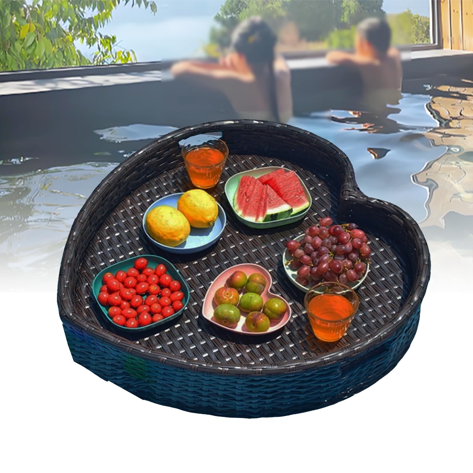 Bandeja flotante de ratán PE de 60 cm en forma de corazón negra para piscina con asas