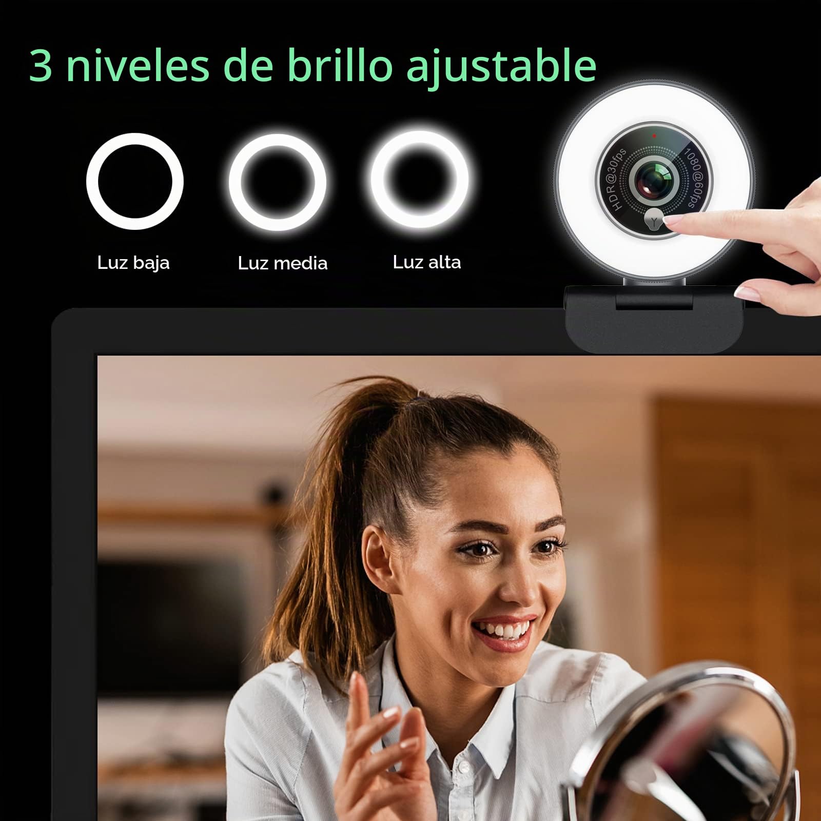 Angetube Webcam 1080p con Luz de Anillo para Streaming: Cámara Web USB 60FPS con micrófono-HDR-HD con corrección automática de la luz, con FOV Ajustable, para Equipos, Zoom, PC/Laptop/Mac/Desktop