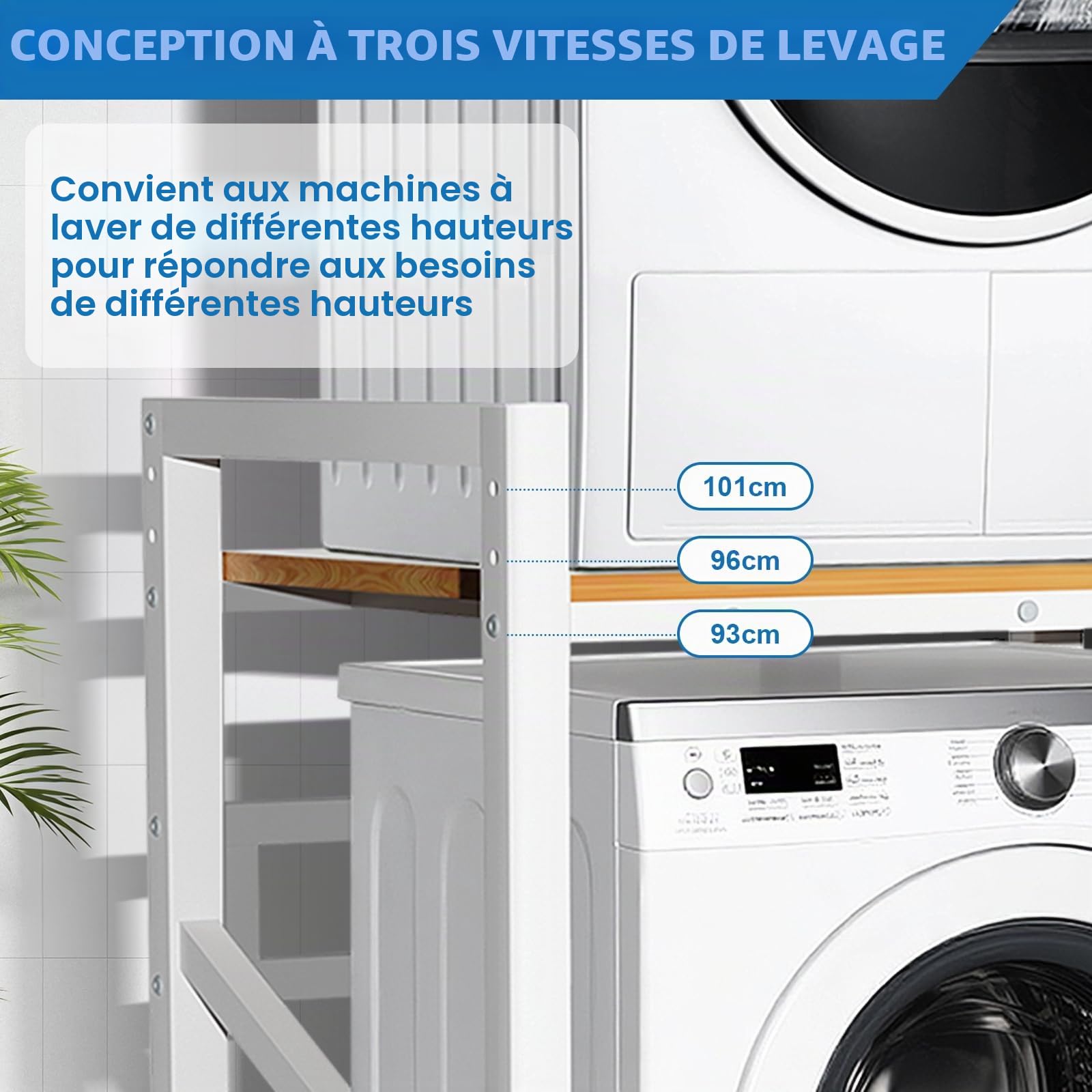 Meuble machine à Laver et seche linge, 3 Hauteurs Réglables, Superposition Lave Linge Seche Linge, Capacité Charge 300kg pour Buanderie Salon Salle De Bain Cuisine Balcon (Blanc)