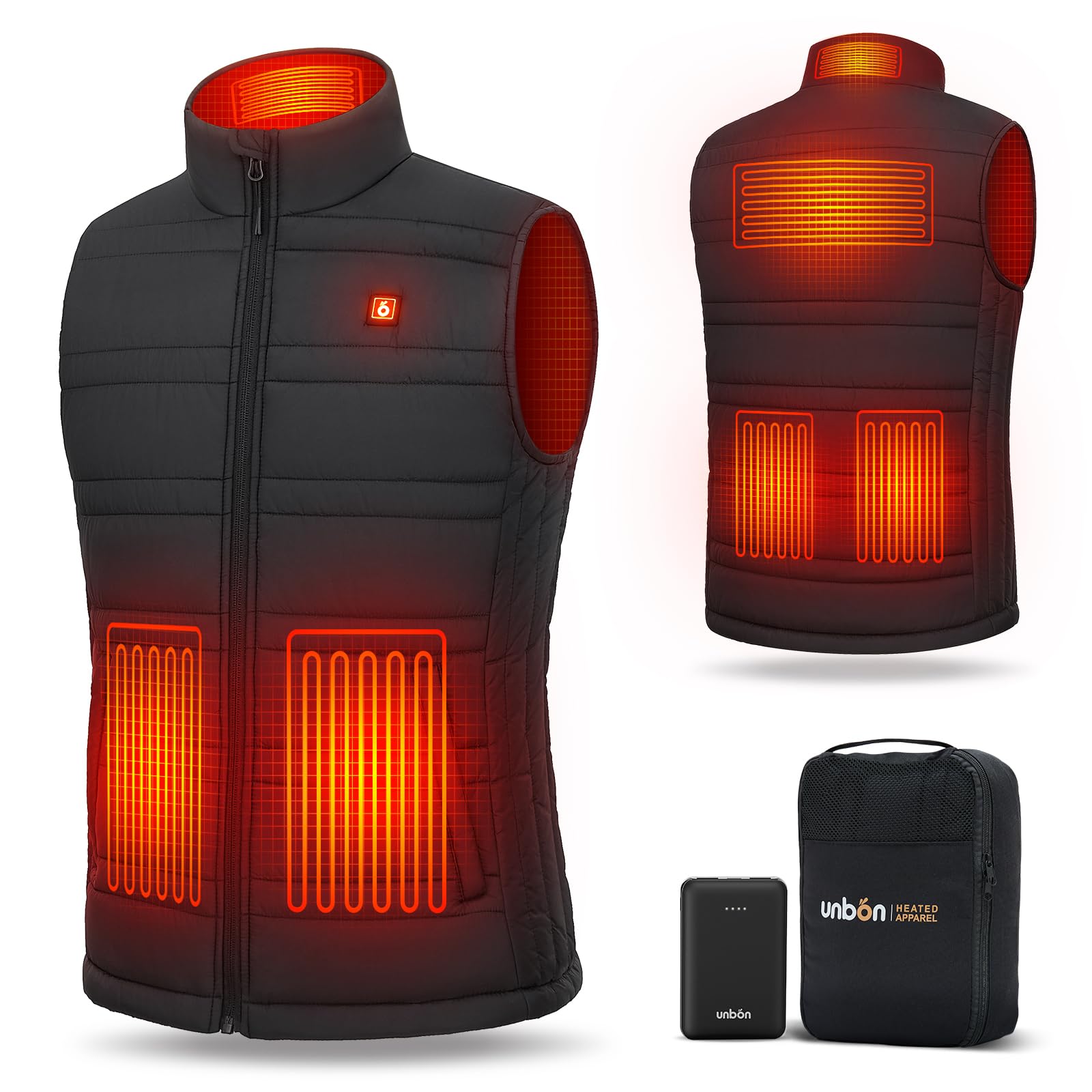 UNBON Gilet Riscaldato Uomo, Giubbotto Riscaldato Uomo con Batteria USB 10000mAh, Gilet Riscaldante Termico 3 Temperature 6 Zone di Calore, Giubbotto Riscaldante Invernale per Moto Caccia Nero S