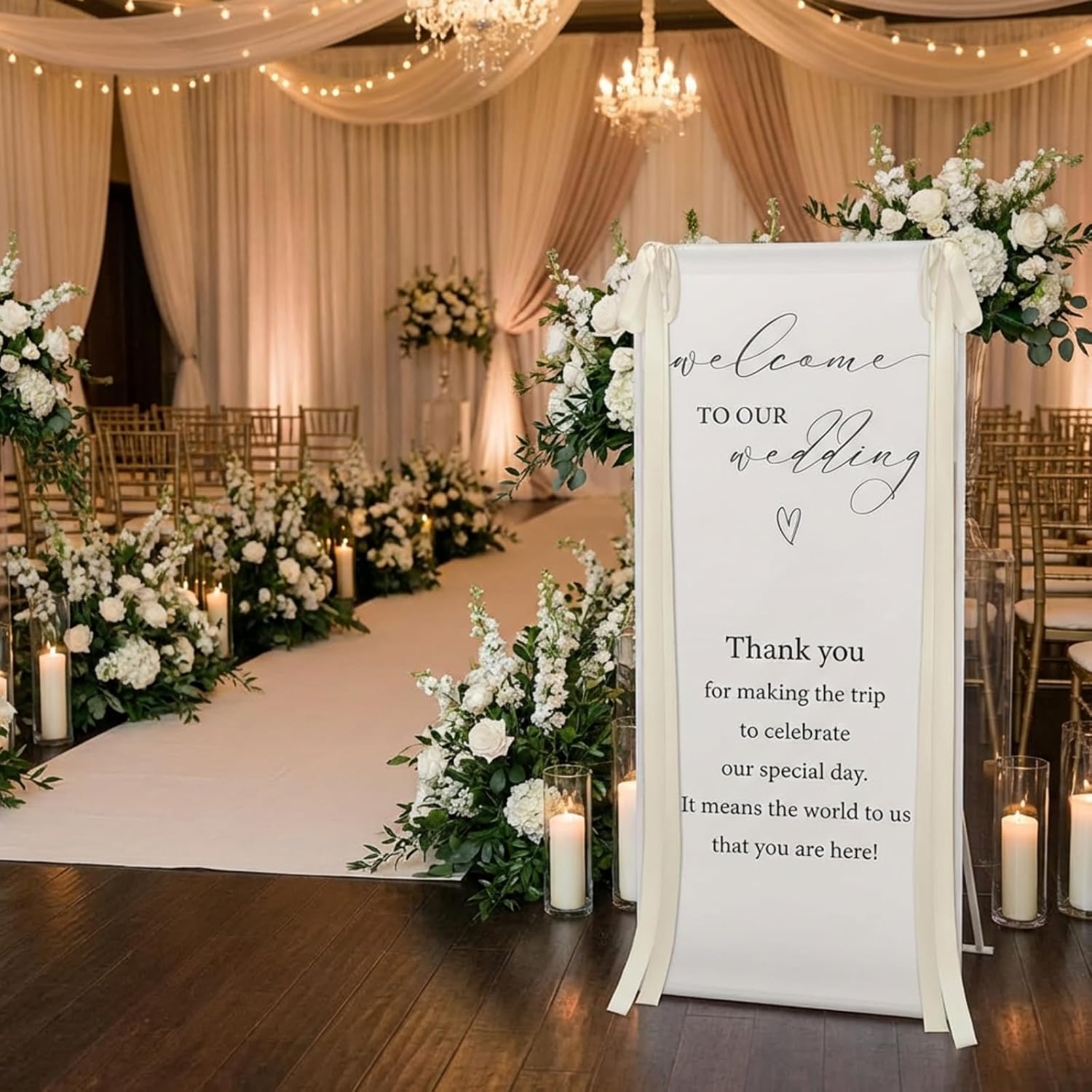 Lumina Wedding Welcome Sign Stand With Linen Sign with Satin Ribbon Adjustable Easel Stand Bridal Shower Welcome Decoration for Garden Ceremony Lawn Outdoor Indoor(Beige)